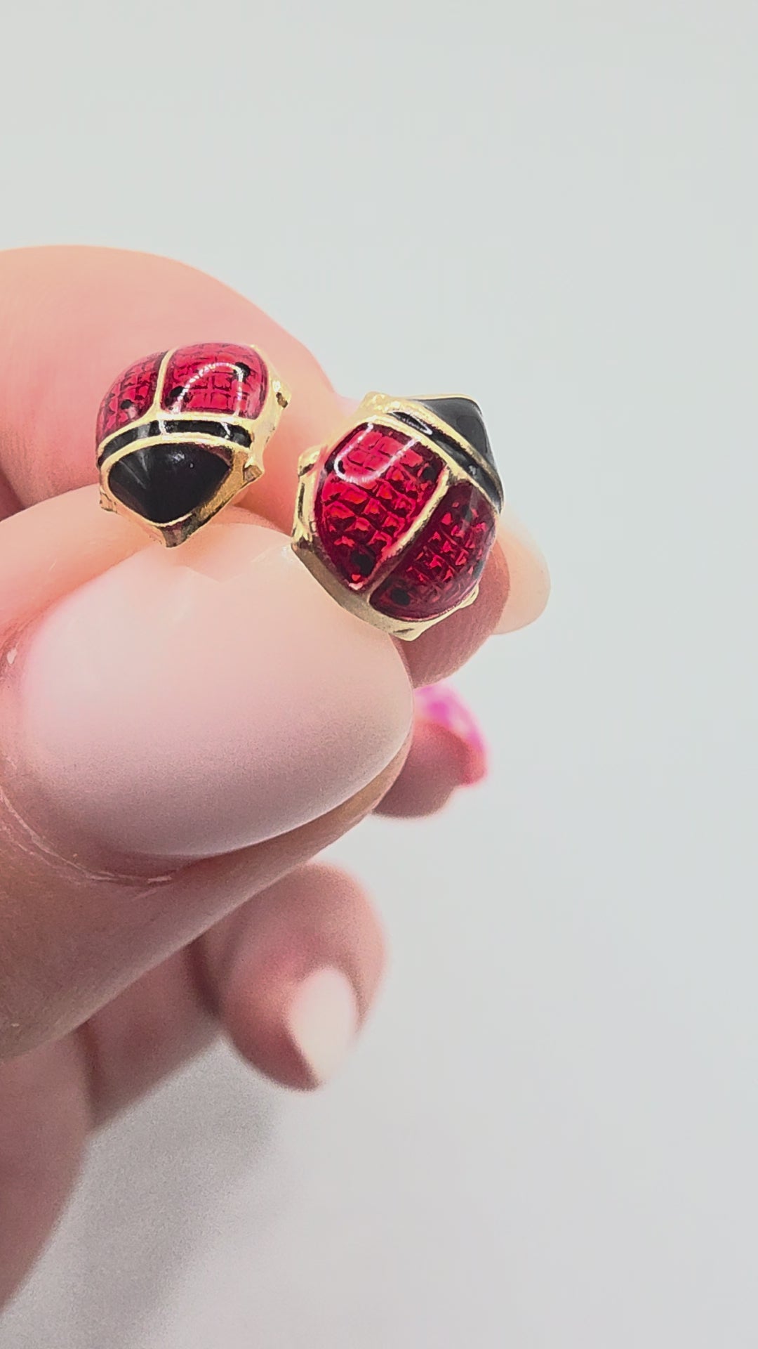 Jacmel Jewelry JCM Solid 14K Yellow Gold Ladybug Stud Earrings with Red and Black Enamel Over a Crosshatched Gold Ground Video