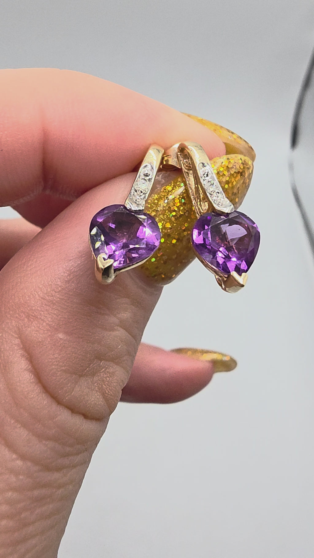 SDC Creations Solid 10K Yellow Gold Heart Cut Amethyst Diamond Drop Earrings