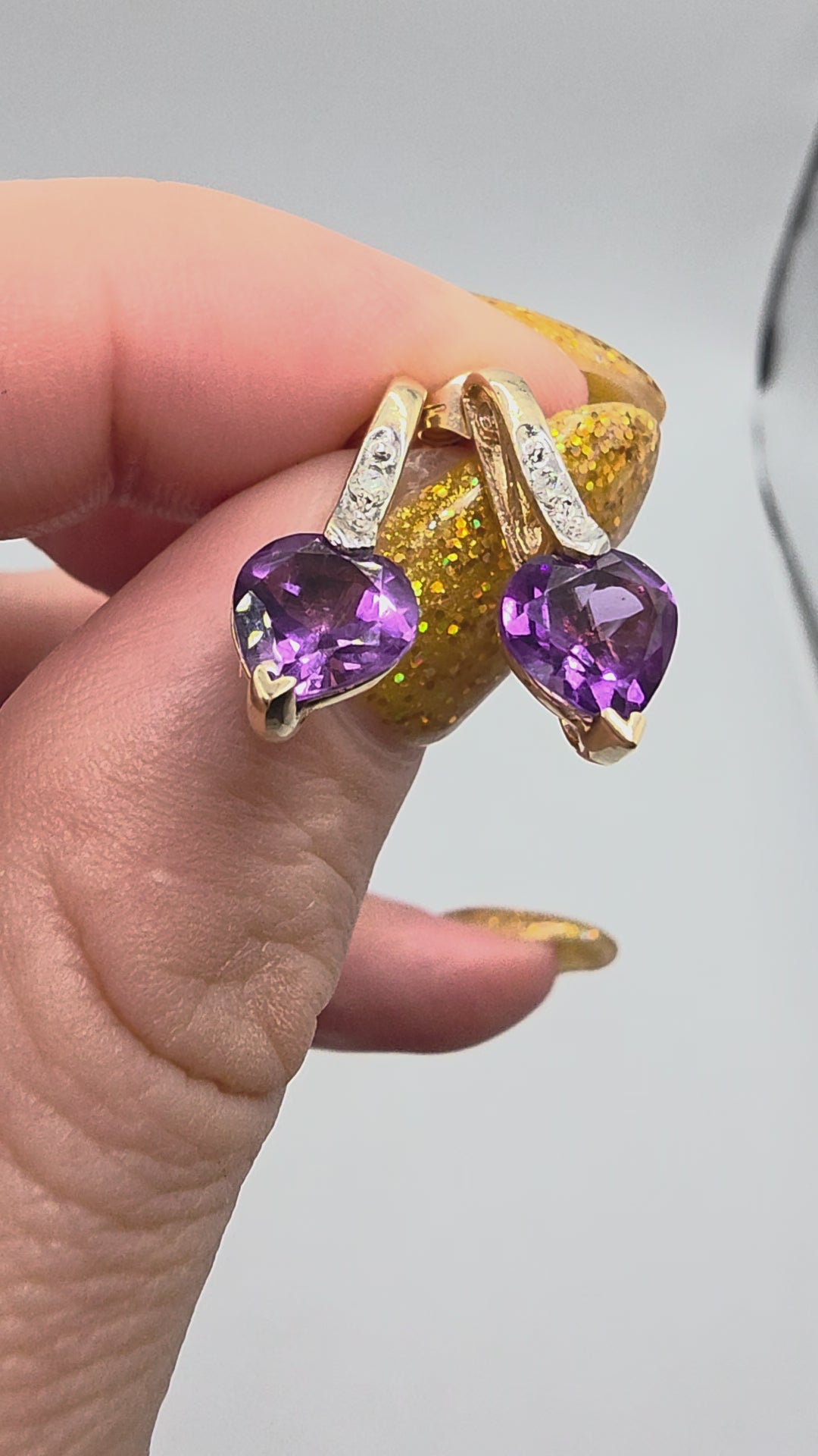 SDC Creations Solid 10K Yellow Gold Heart Cut Amethyst Diamond Drop Earrings