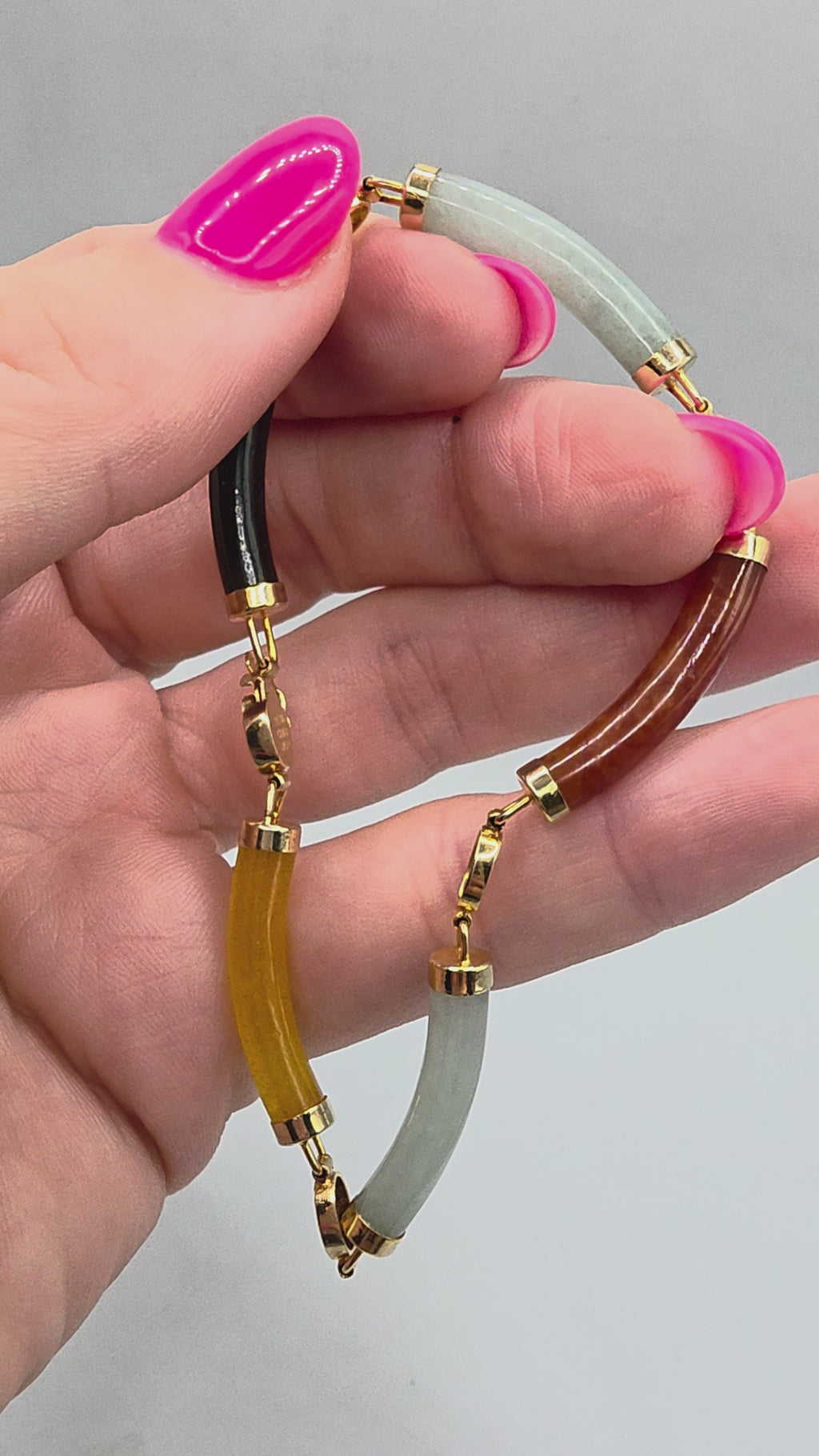 Rainbow Multi Color Jade Sterling Silver 18K Gold Vermeil Bracelet 8 Inch