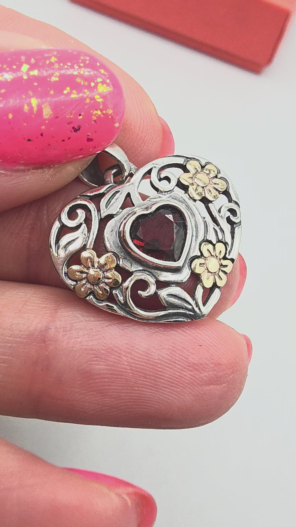 RETIRED James Avery Sterling Silver Garnet Heart Pendant with Solid 14K Flowers