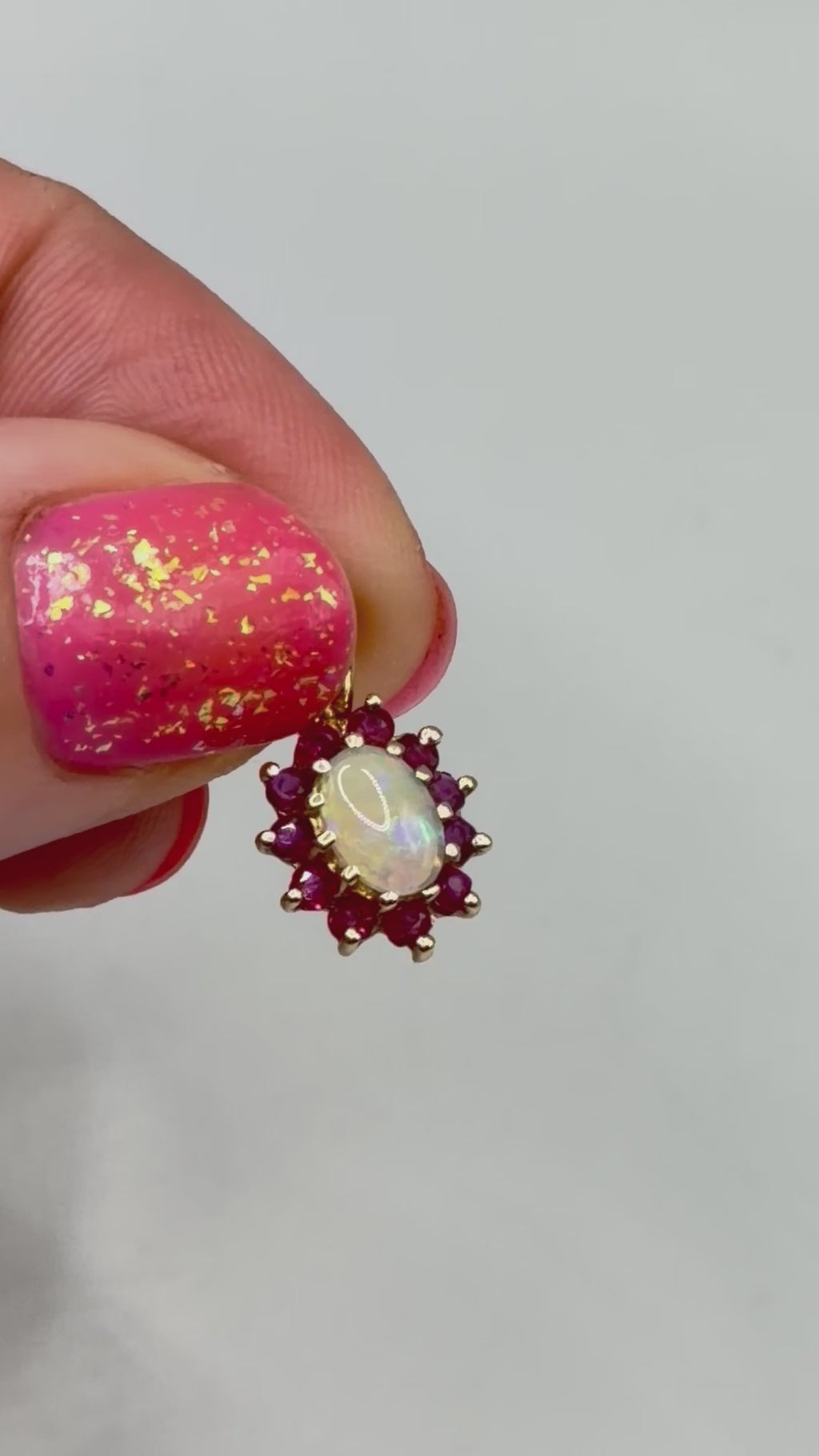 Solid 14K Yellow Gold Necklace Pendant with Oval Cut Opal and Ruby Halo