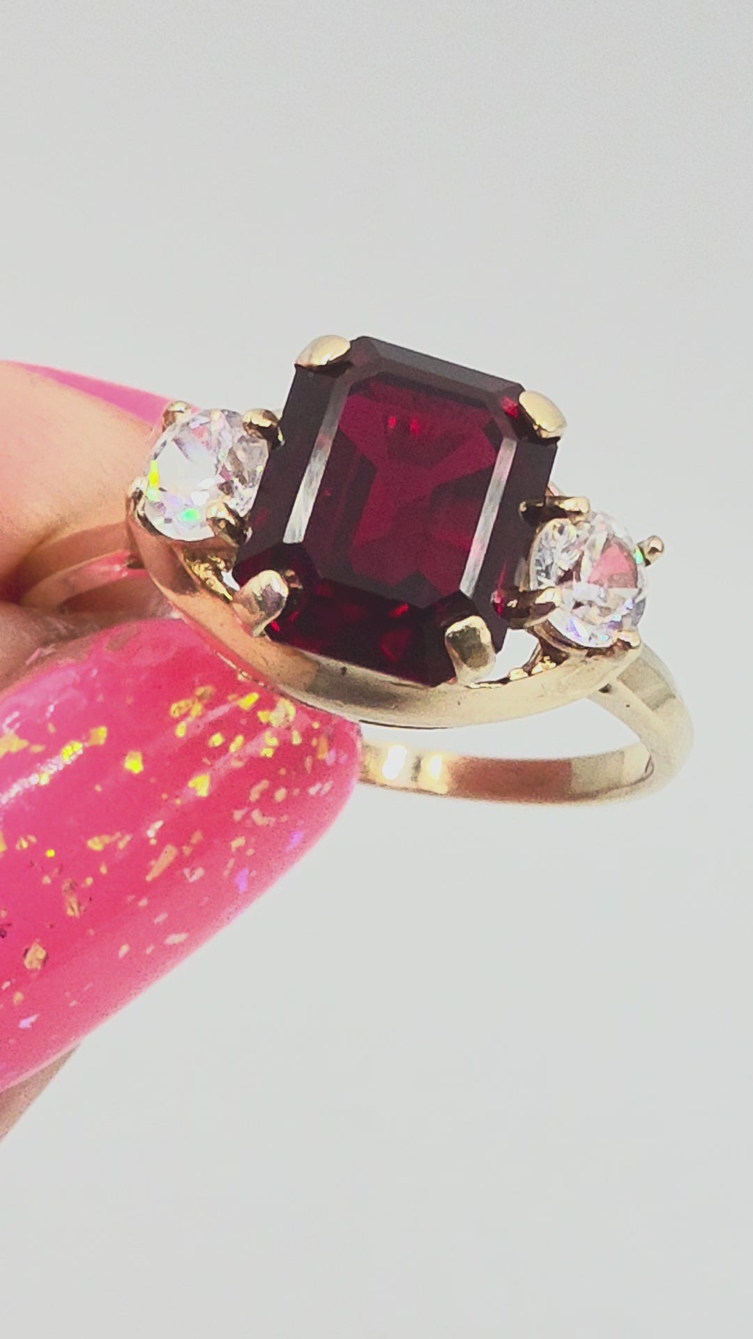 Solid 10K Yellow Gold Ring with Emerald-Cut Ruby & White Topaz Accents – Size 7