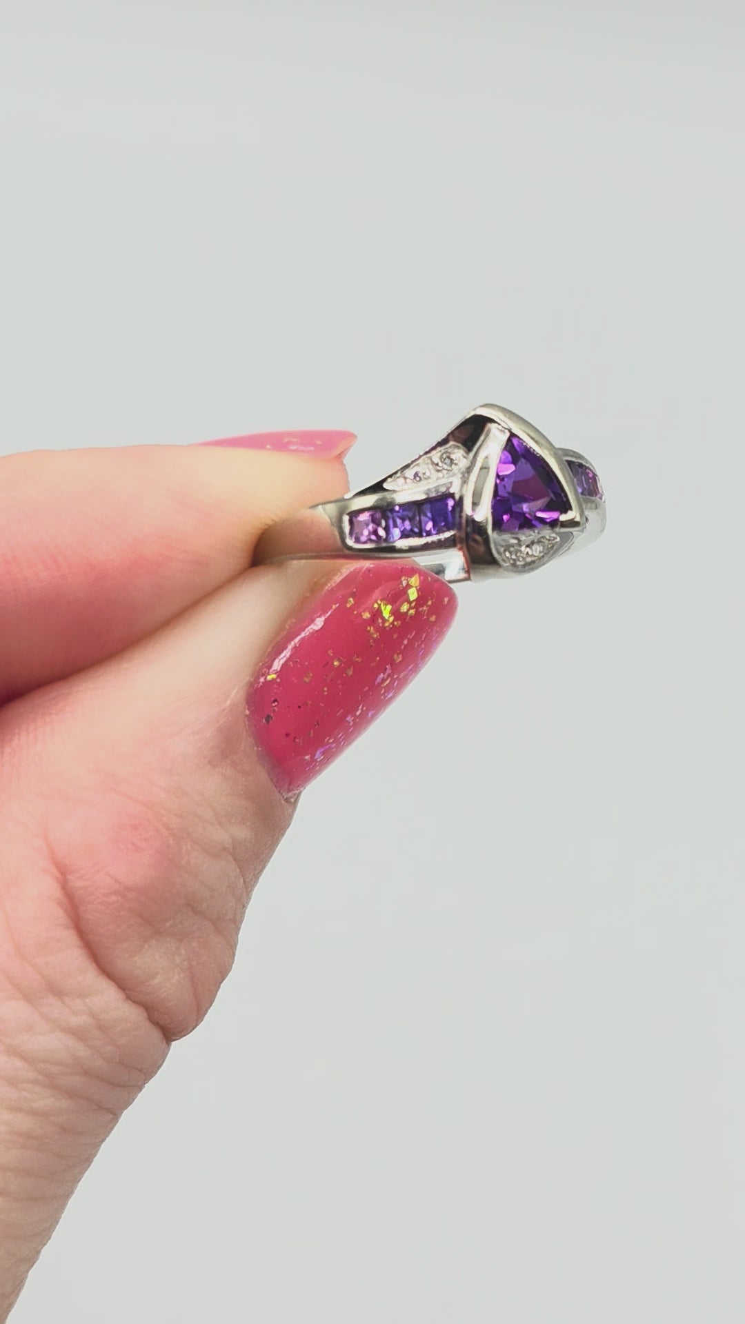 Solid 10K White Gold Ring with Purple & Pink Topaz and Diamonds – Size 6.75