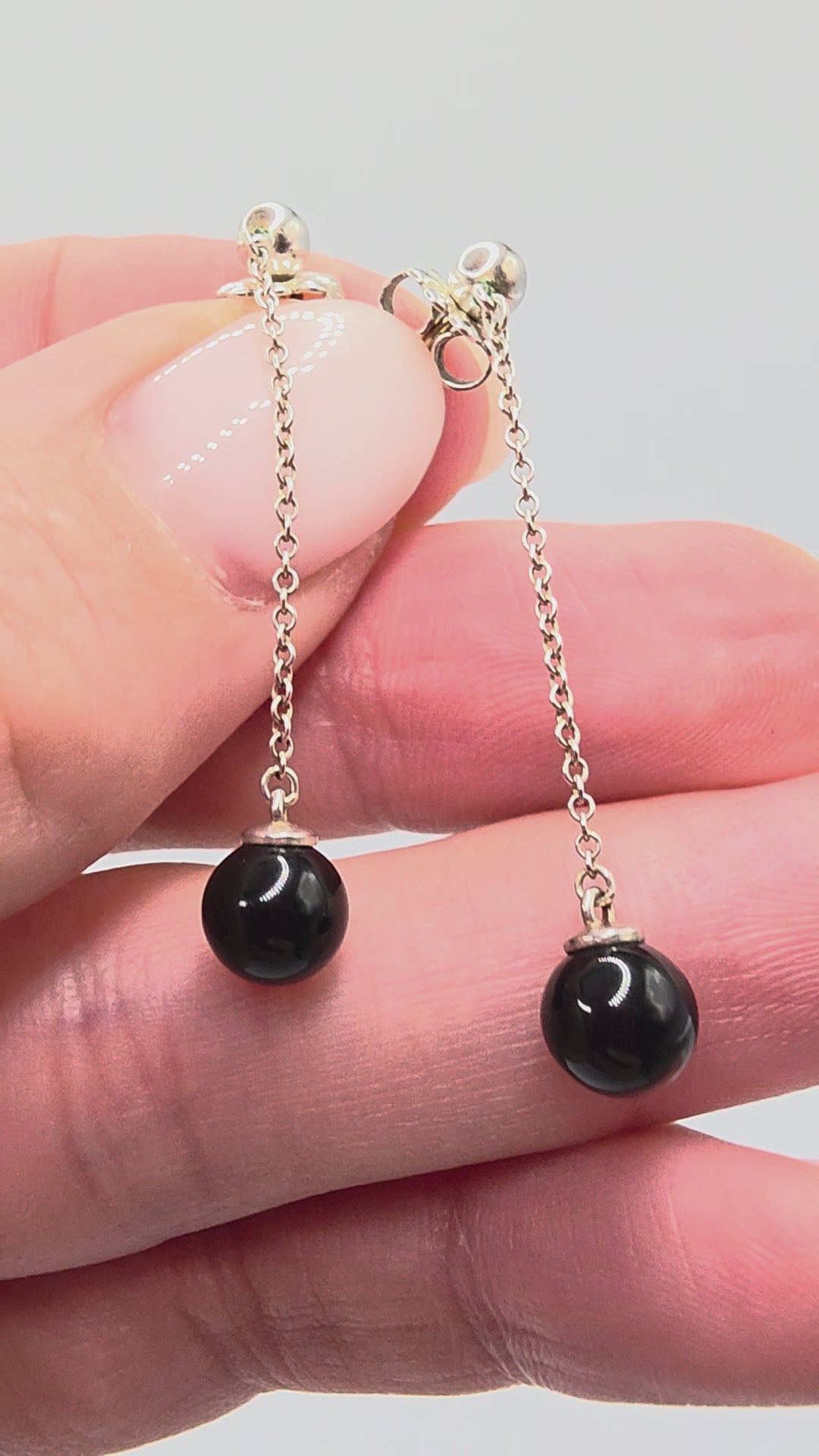 Tiffany and Co 925 Sterling Silver Dangle Stud Earrings with Polished Ball Tops and Black Onyx Bead Drops on Fine Cable Chain Video