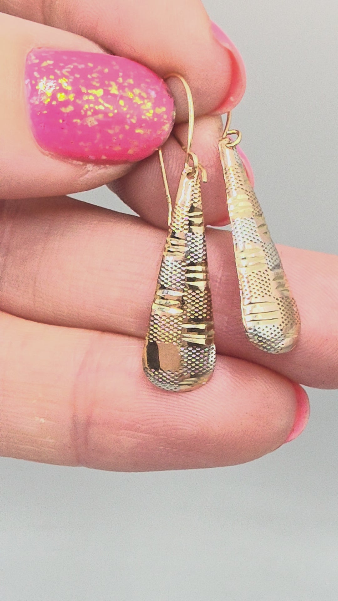 Solid 14K Two Tone Textured Gold Drop Dangle Earrings