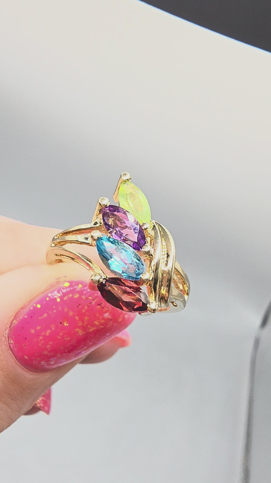 Solid 10K Yellow Gold Ring with Topaz Amethyst Peridot Garnet - Size 5