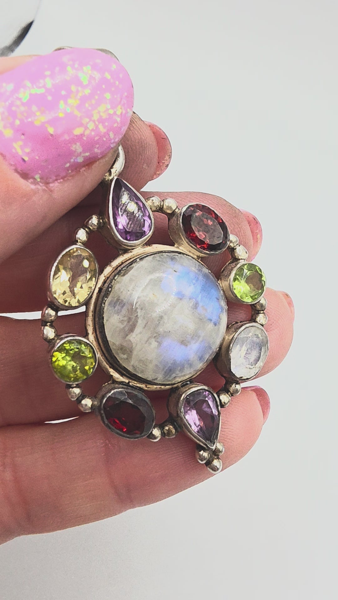 925 Sterling Silver Moonstone Pendant with Amethyst Garnet Peridot Halo