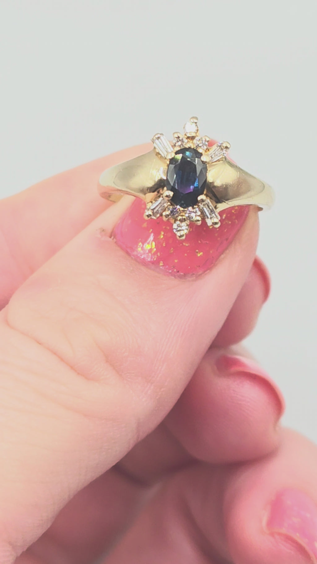 Solid 14K Yellow Gold Ring with Blue Sapphire and Diamond Accents – Size 6.5