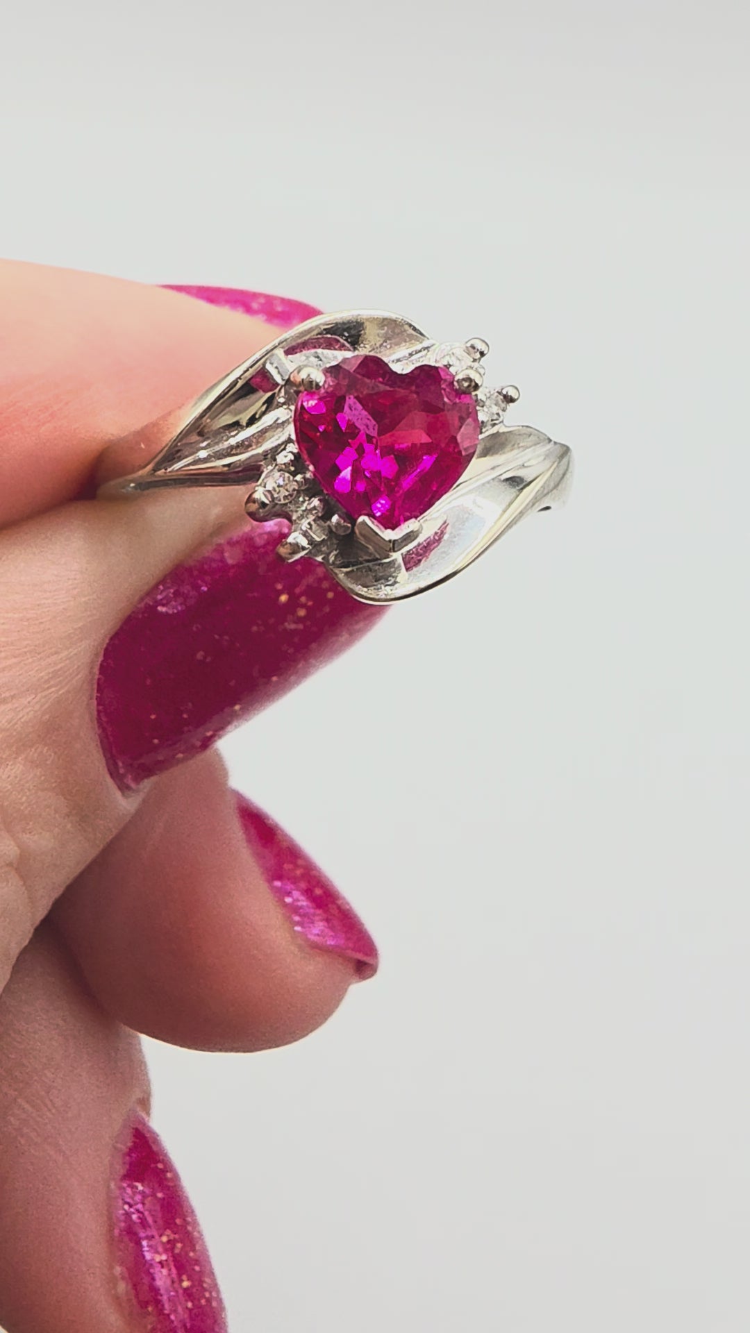 Solid 10K White Gold Heart Ruby Ring with White Topaz Accents - Size 6.75