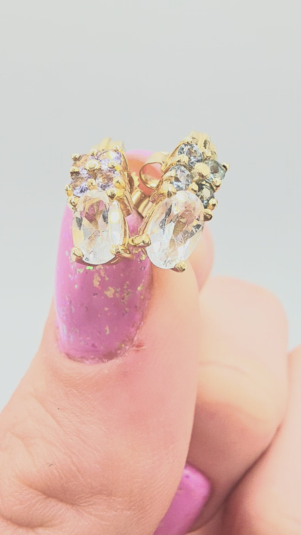Solid 10K Yellow Gold White Topaz Stud Earrings with Blue & Purple Gemstones