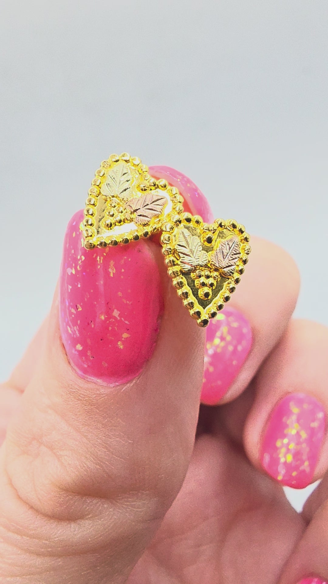 Black Hills Solid 14K Tri Color Gold Grape Leaf Beaded Heart Stud Earrings