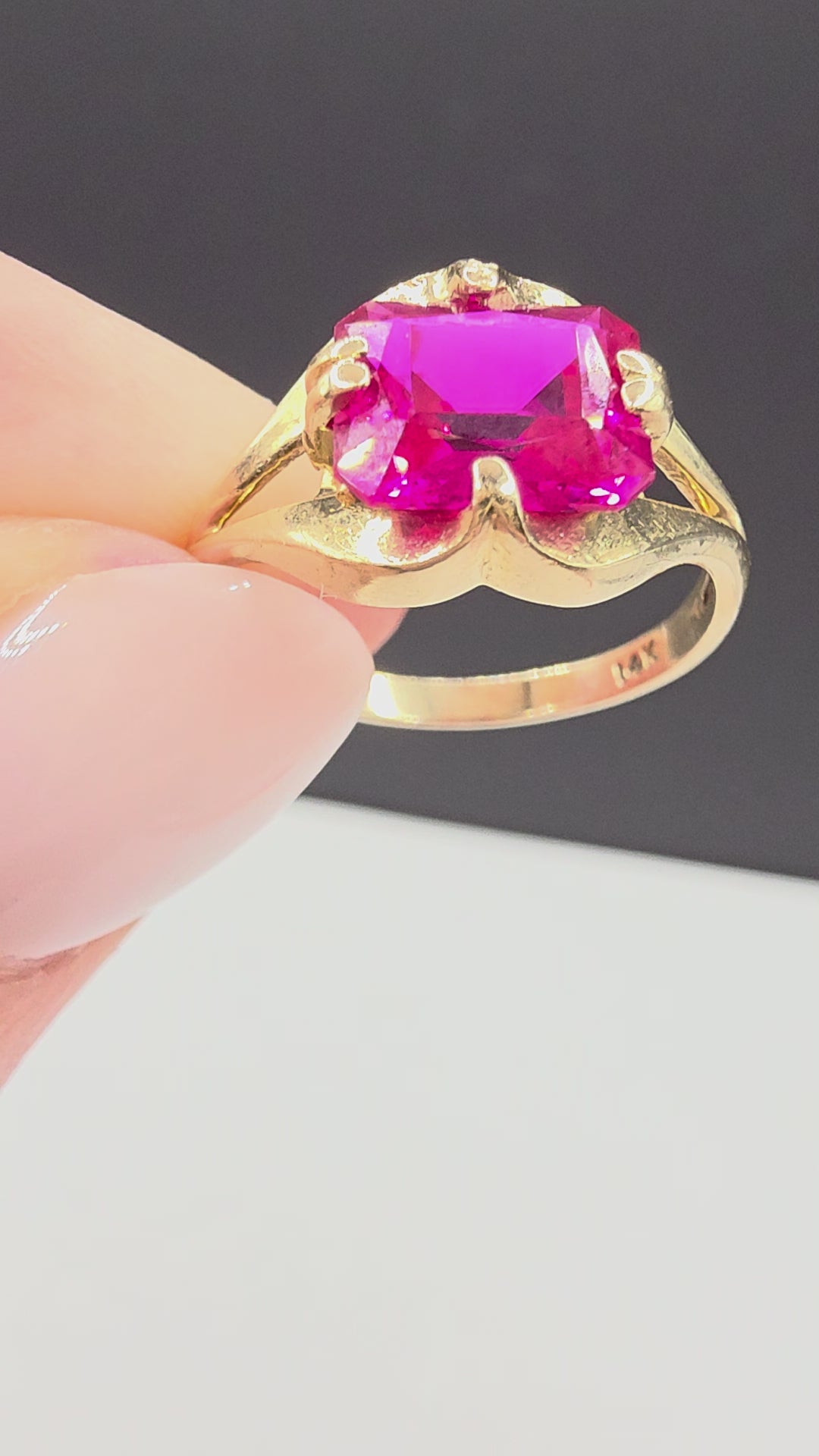 Vintage BOBOR Kushner and Ingwer Solid 14K Yellow Gold Ring with Large Emerald Cut Lab Created Ruby Size 5 Video