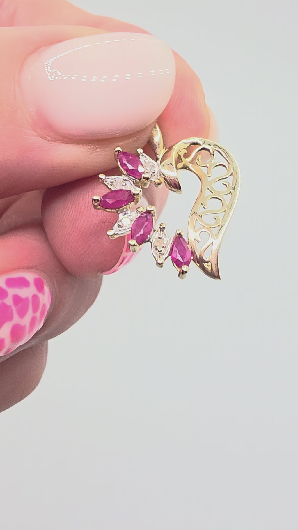 ADL Solid 10K Yellow Gold Open Heart Pendant with Marquise Cut Natural Rubies and Diamonds Along One Side and Openwork Scrollwork Along the Other Video