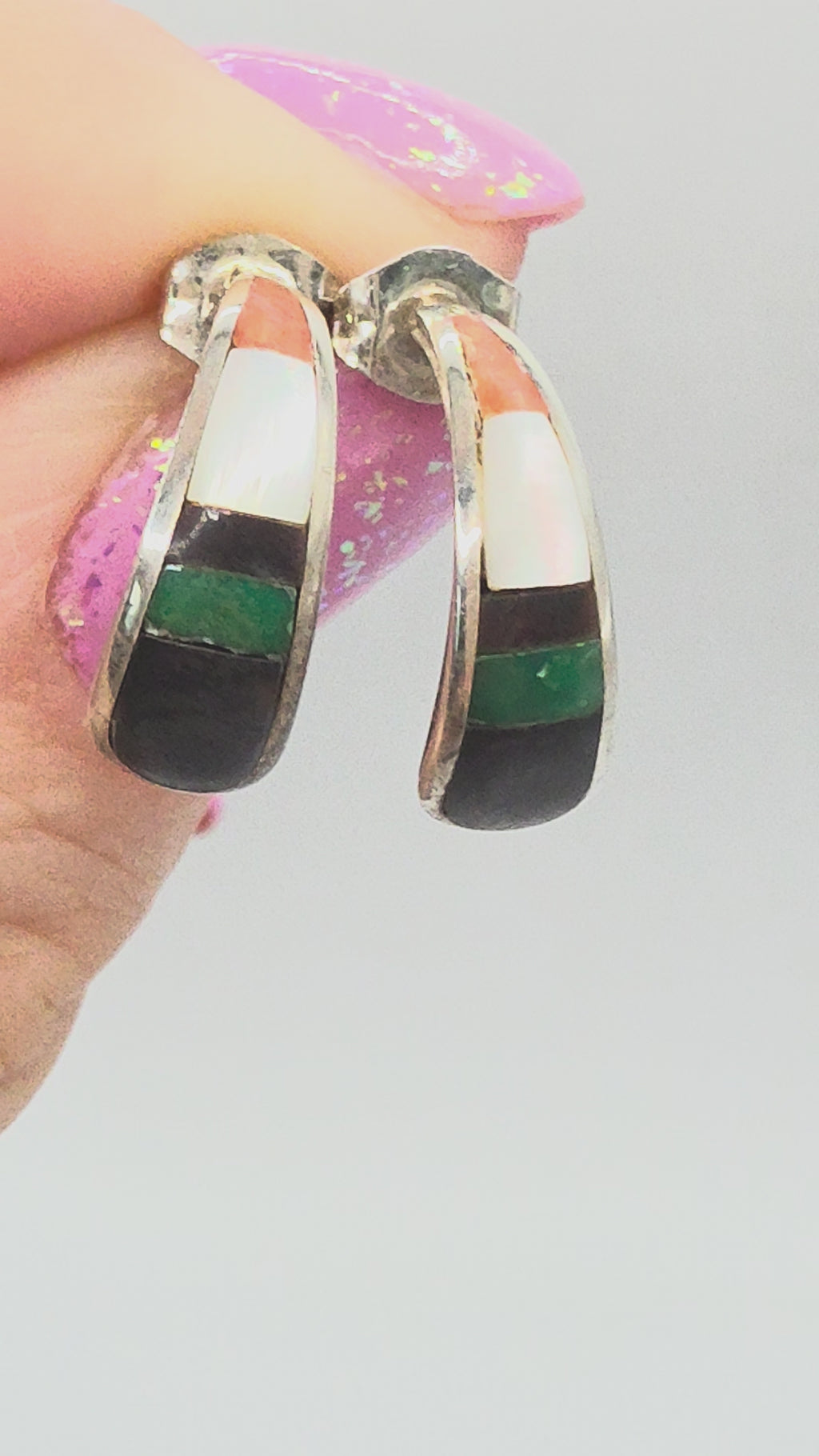 925 Sterling Silver Inlay Earrings Mother of Pearl Enamel Southwest Style