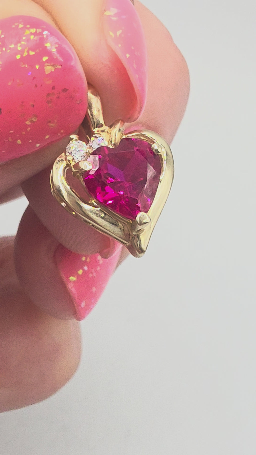 Solid 10K Yellow Gold Ruby Heart Necklace Pendant with CZ Accents