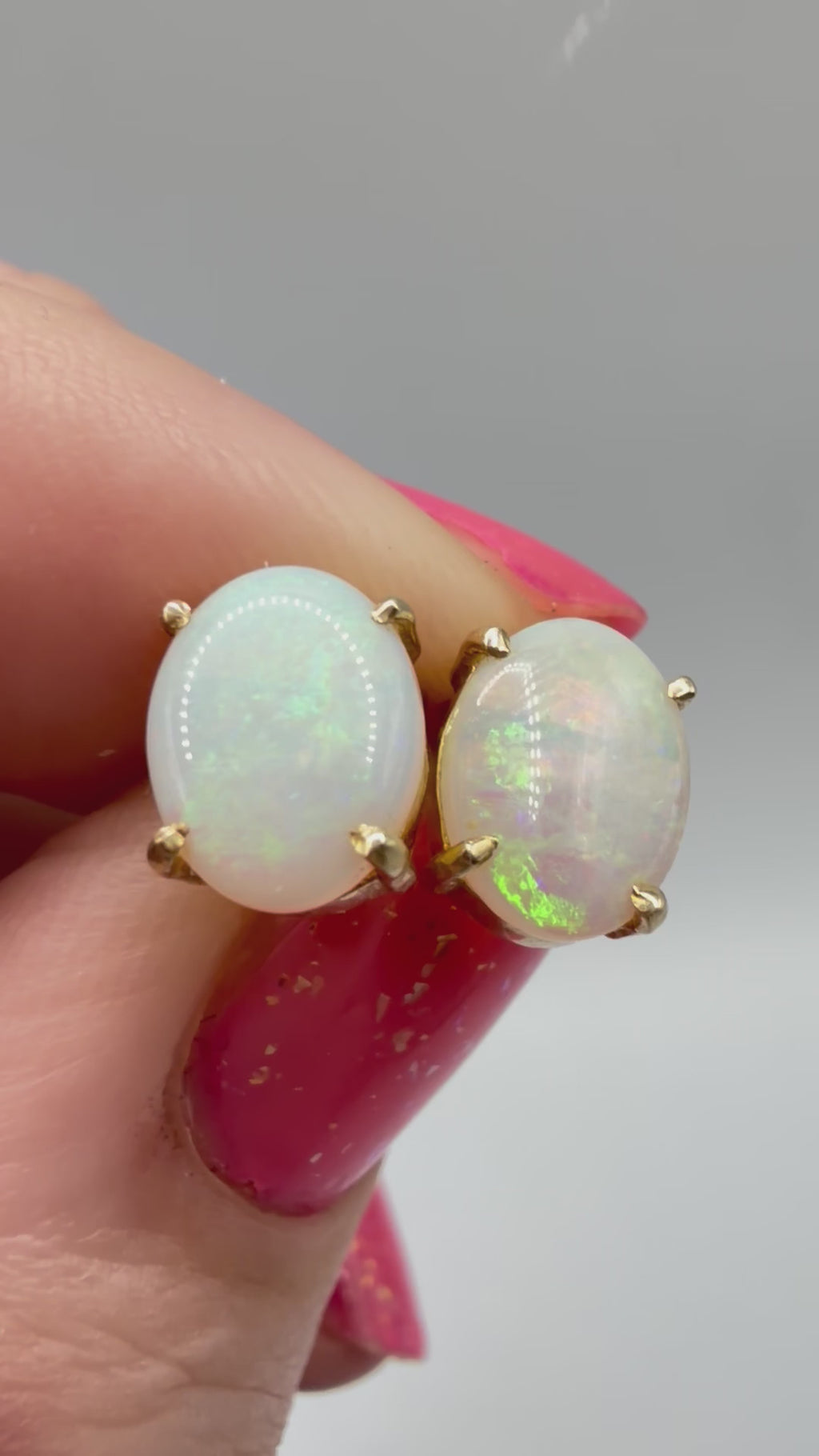 Solid 14K Yellow Gold Stud Earrings with Oval Cut Opals
