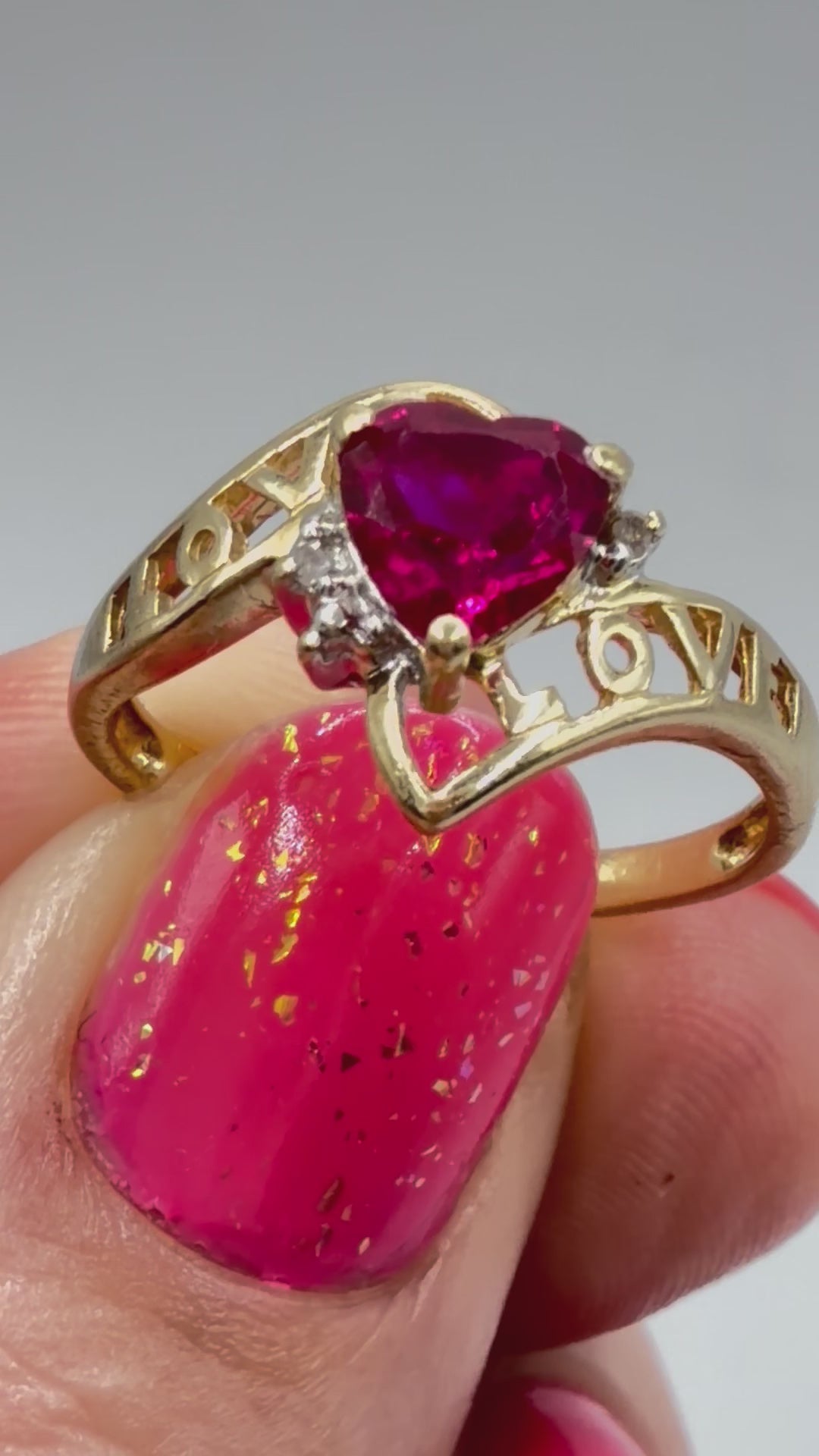 Solid 10K Yellow Gold Ring with Heart-Cut Ruby, Diamonds and LOVE – Size 7