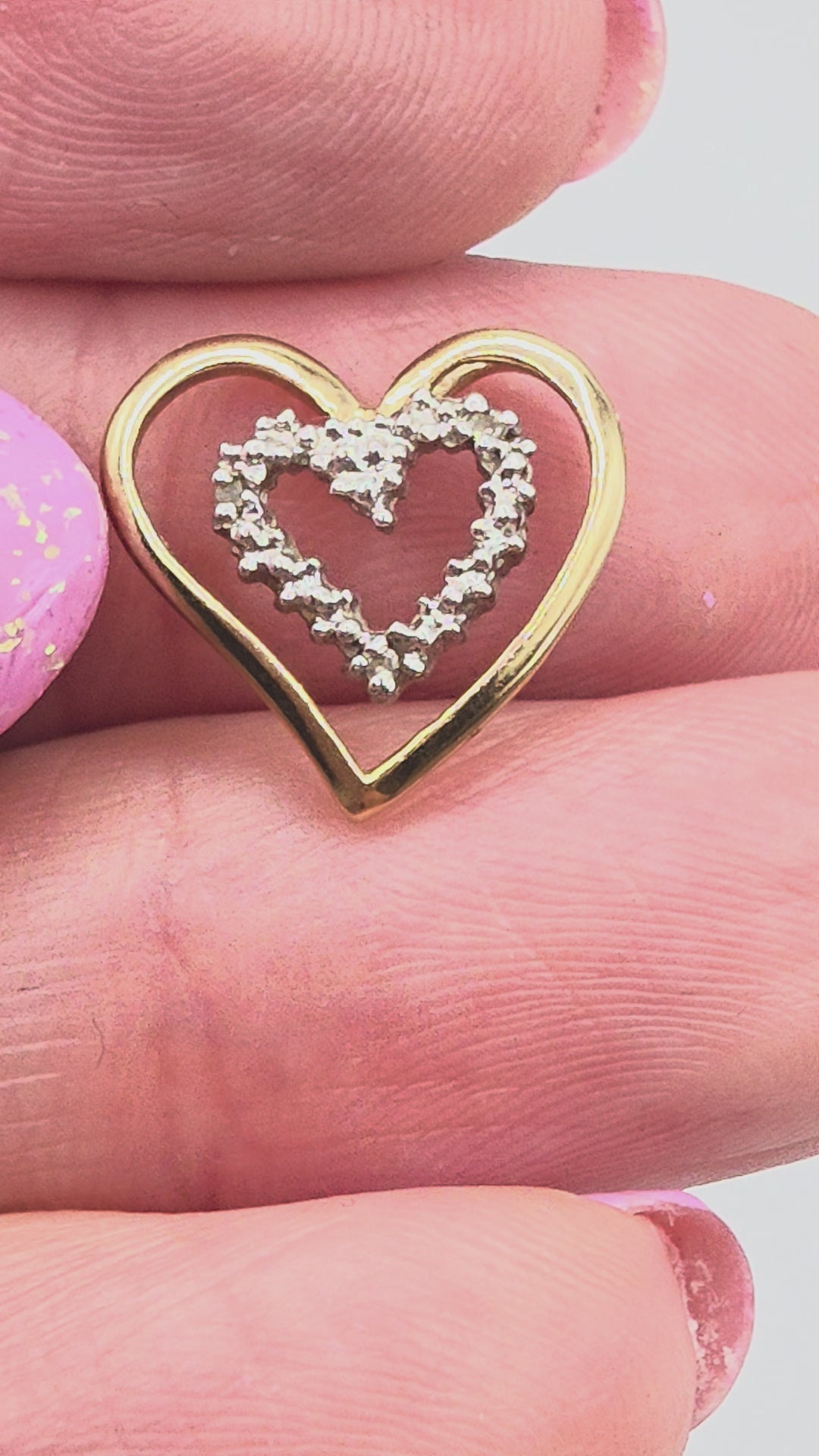 Solid 10K Two Tone Gold Double Heart Pendant 3 Diamond Accents Yellow White