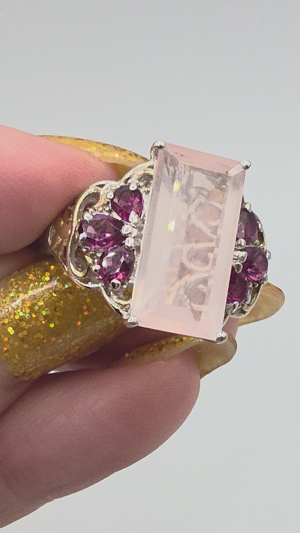 STS Jewels Sterling Silver Pink Quarts & Rhodolite Ring 18K Gold Accents Size 7