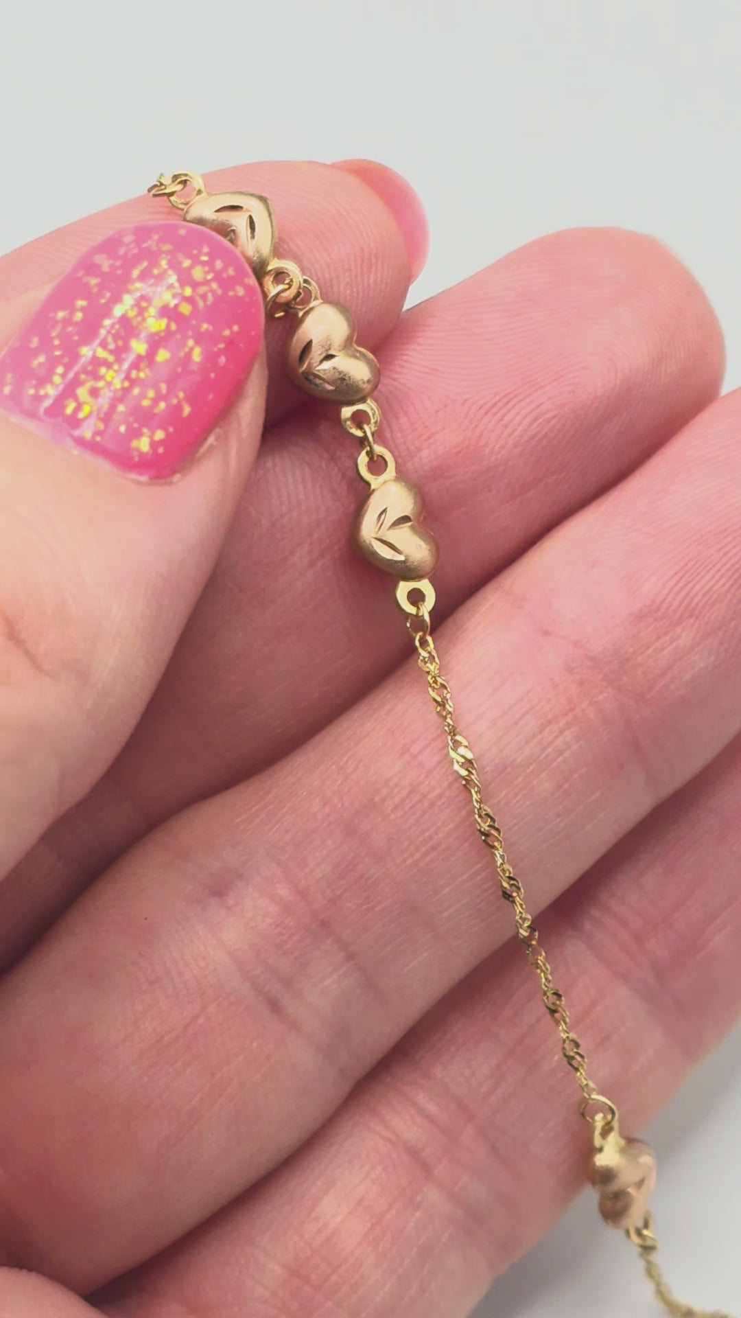 Solid 14K Yellow Gold Bracelet with 3D Rose Gold Hearts - 7.5 Inches