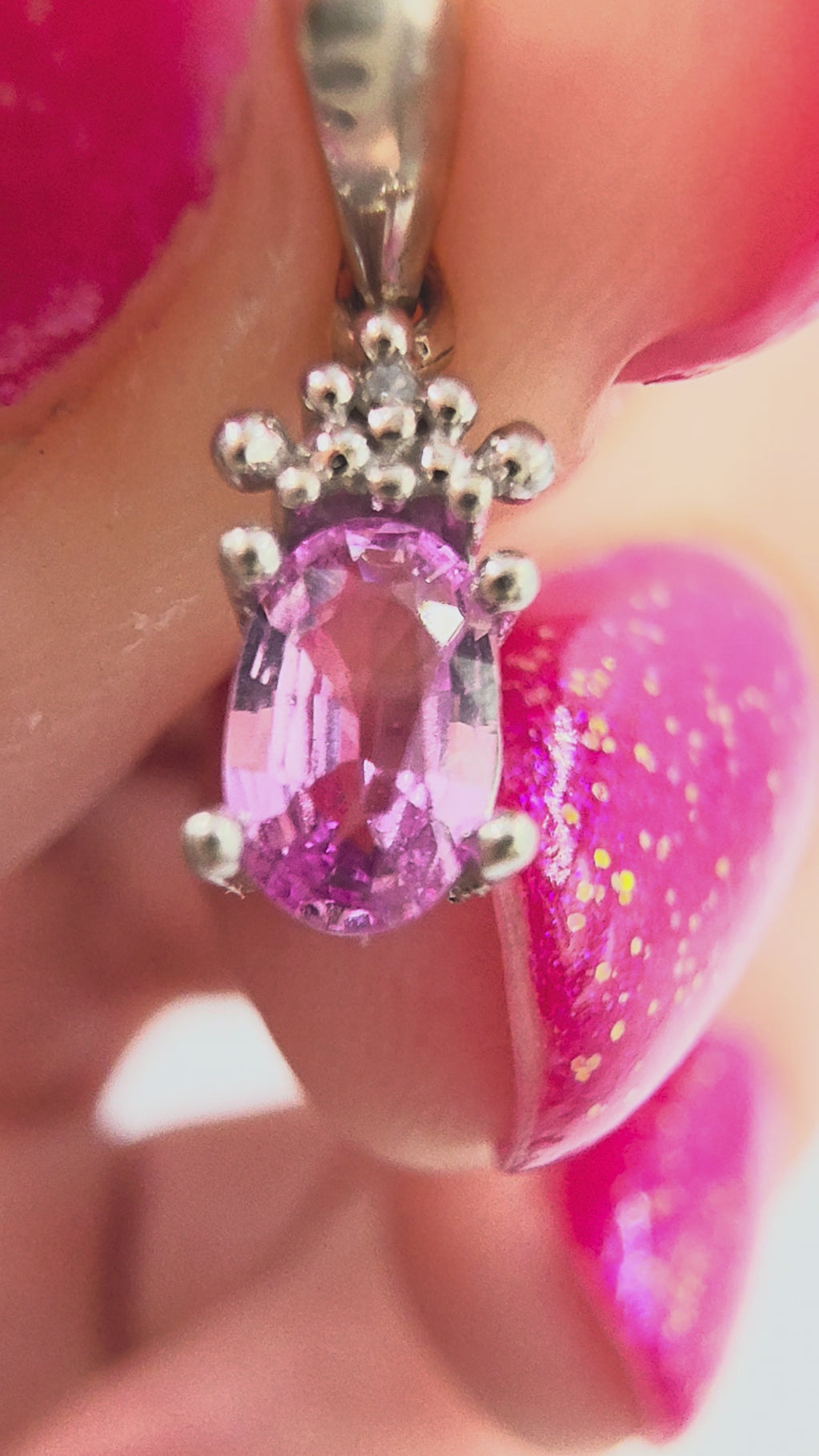 STS Jewels Solid 10K White Gold Pink Sapphire Petite Pendant with Diamond Accent