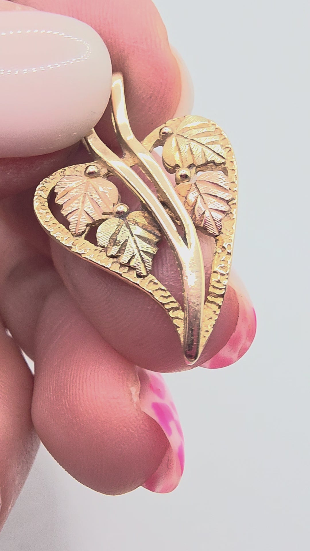 Vintage Coleman Co Black Hills Gold Solid 10K Openwork Heart Pendant with Four Rose and Green Gold Grape Leaves and Beaded Edge Video