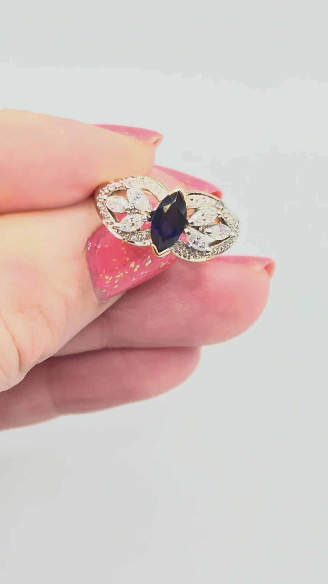Solid 10K Yellow Gold Ring with Blue Sapphire and CZ Accents – Size 7