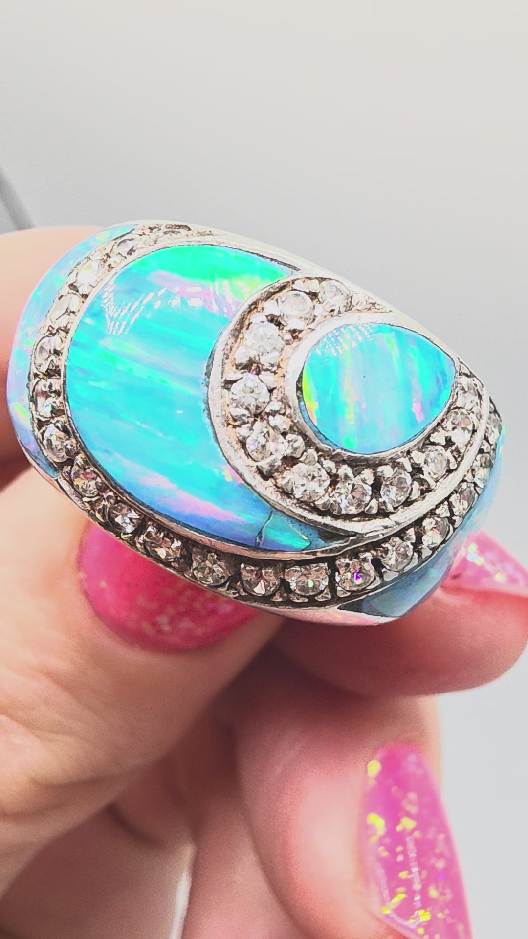 Unique 925 Sterling Silver Ring with Blue Opal and CZ accents - Size 8