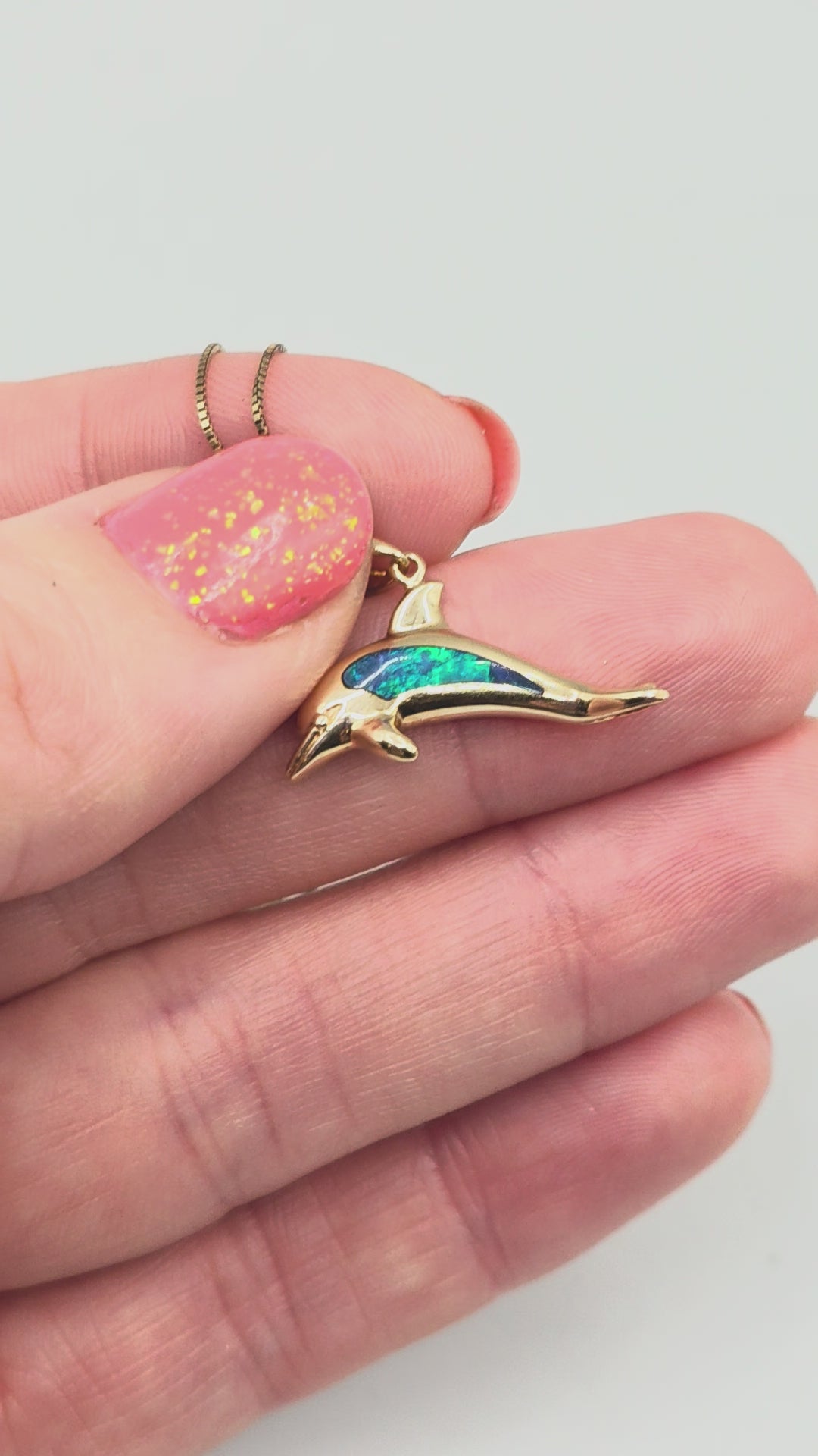 Solid 14K Yellow Gold Necklace with Opal Dolphin Pendant 17 Inches