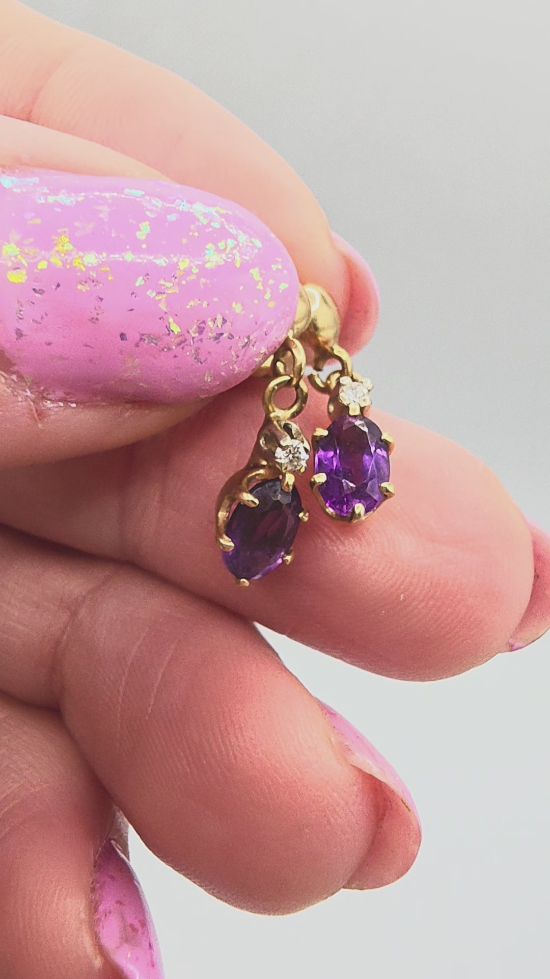 Solid 14K Yellow Gold Amethyst Dangle Drop Earrings with Diamond Accents