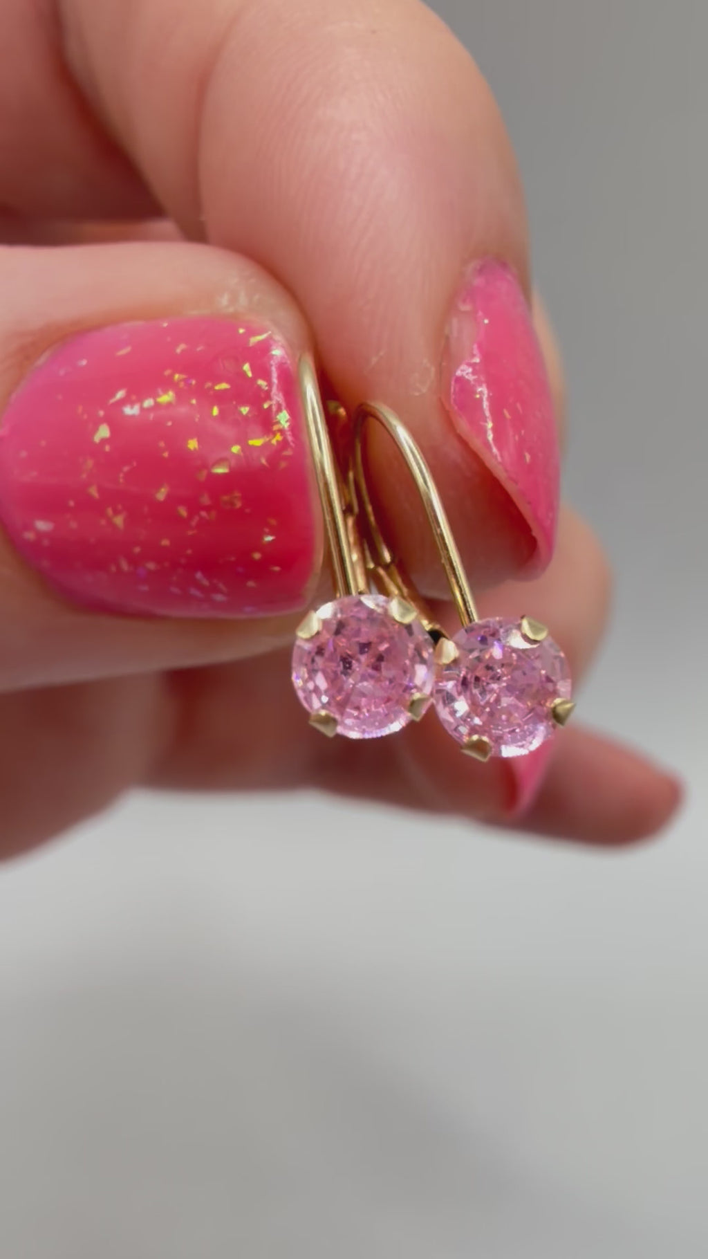 Solid 14K Yellow Gold Drop Earrings with Round Cut Pink Gemstones