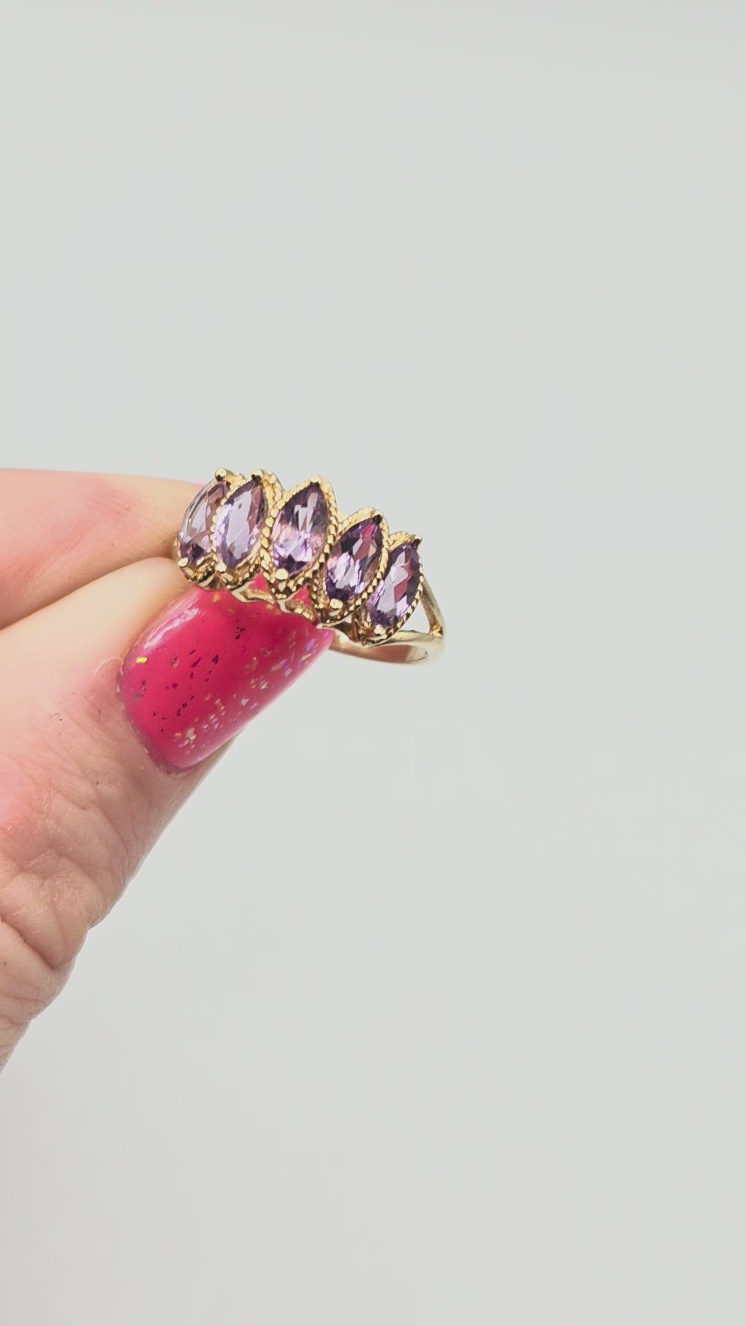 Solid 10K Yellow Gold Ring with Marquise Cut Amethysts Size 7