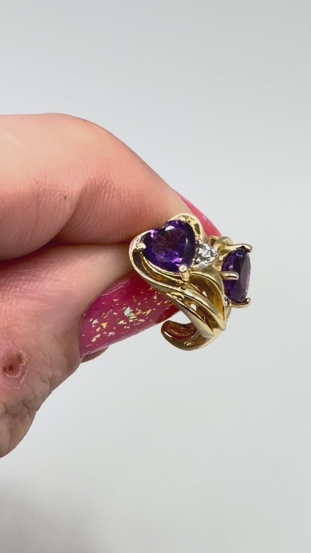 Solid 10K Yellow Gold Stud Earrings with Heart Cut Amethysts