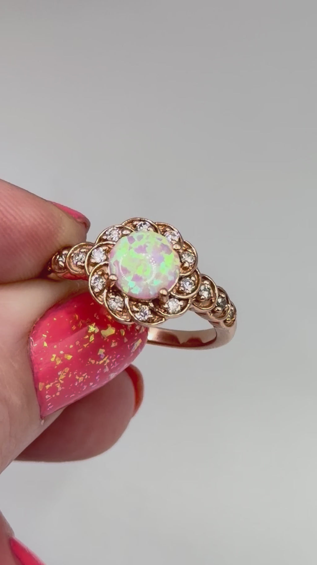 Solid 10K Rose Gold Ring with Round Cut Pink Opal and Diamond Accents Size 7