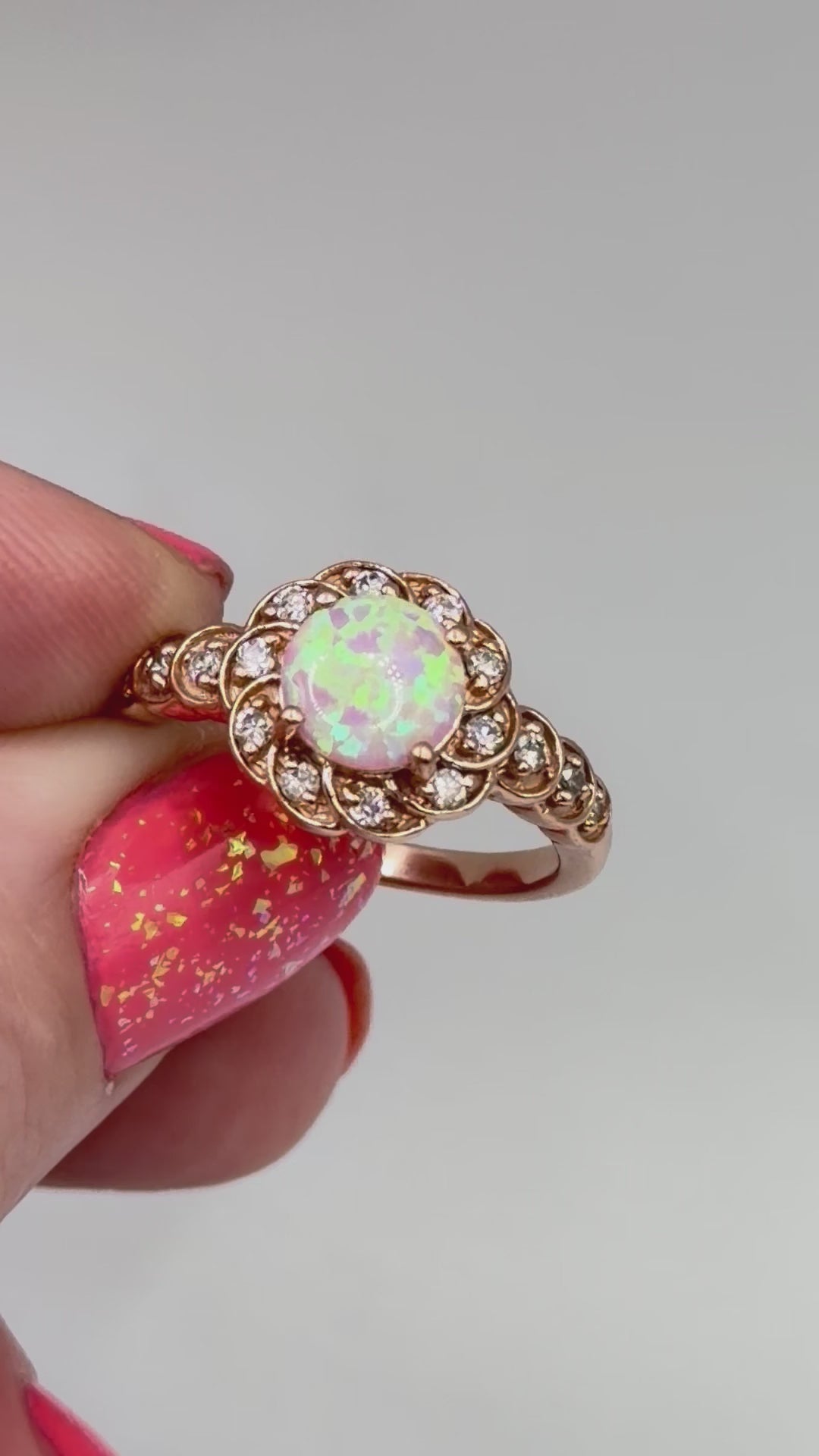 Solid 10K Rose Gold Ring with Round Cut Pink Opal and Diamond Accents Size 7