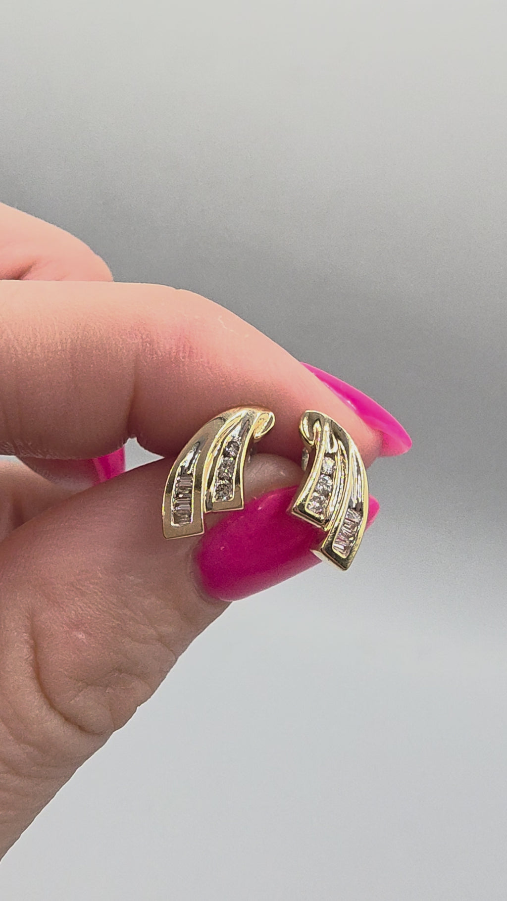 Solid 10K Yellow Gold Round & Baguette Diamond Swirl Stud Earrings
