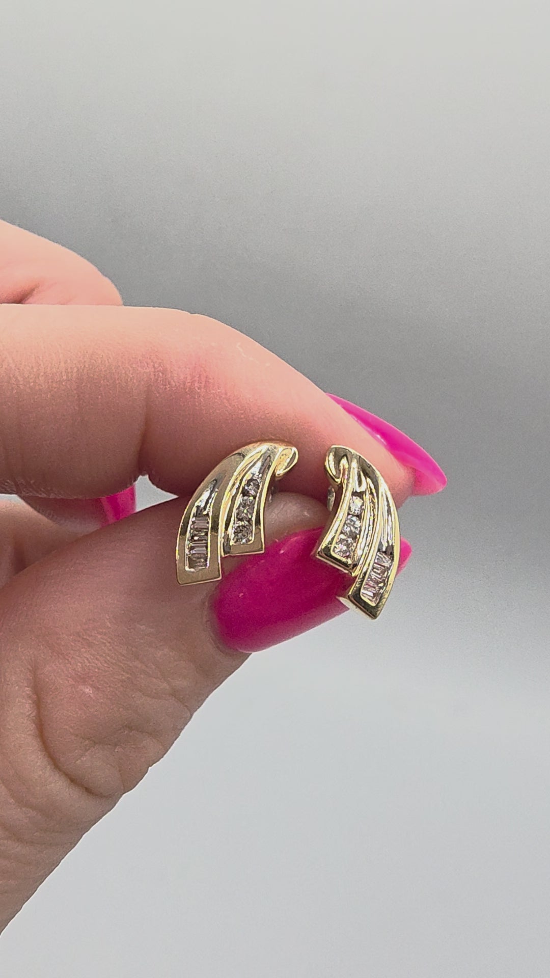 Solid 10K Yellow Gold Round & Baguette Diamond Swirl Stud Earrings