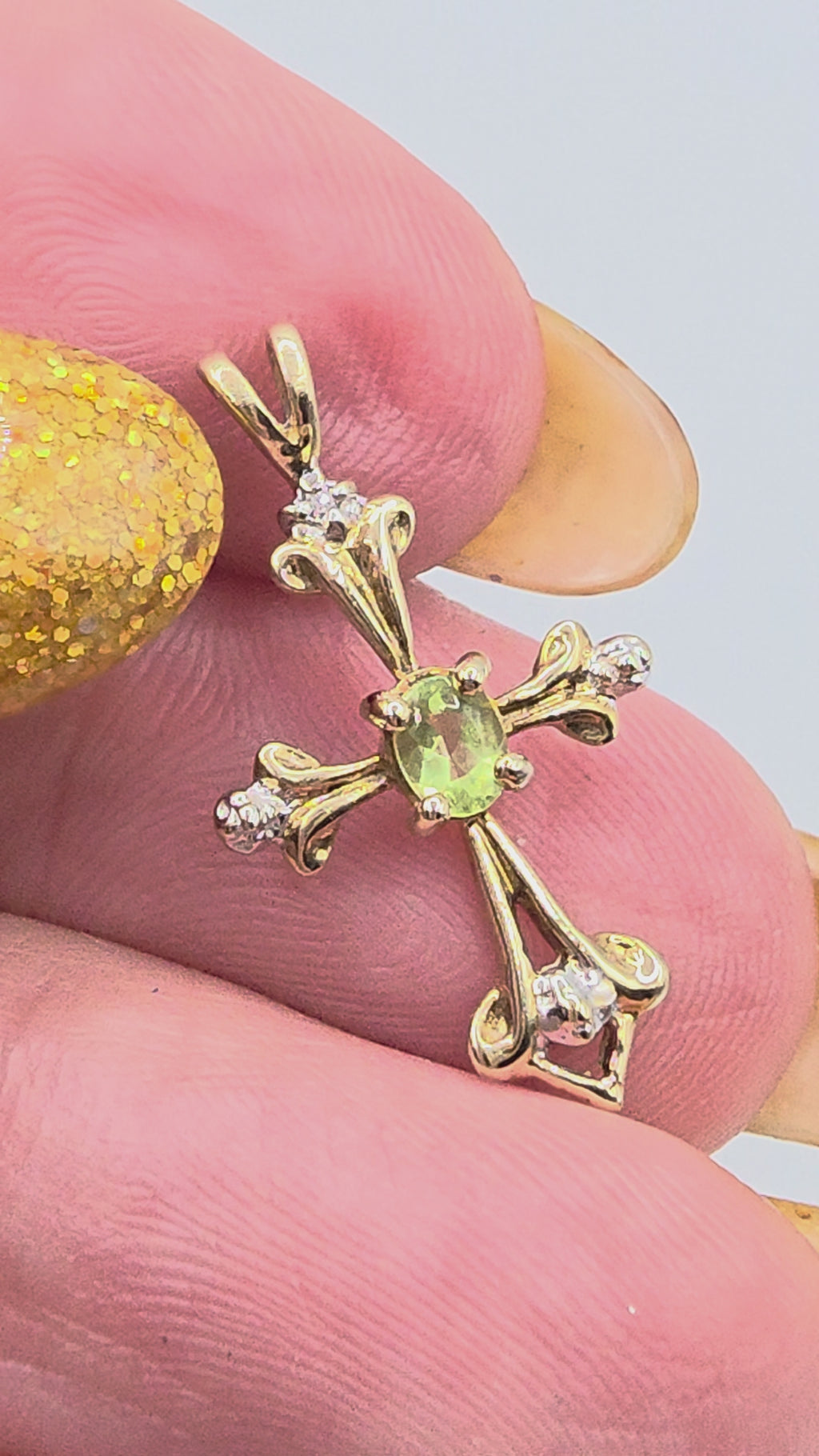 Solid 10K Yellow Gold Oval Peridot Cross Pendant with Diamond Accent