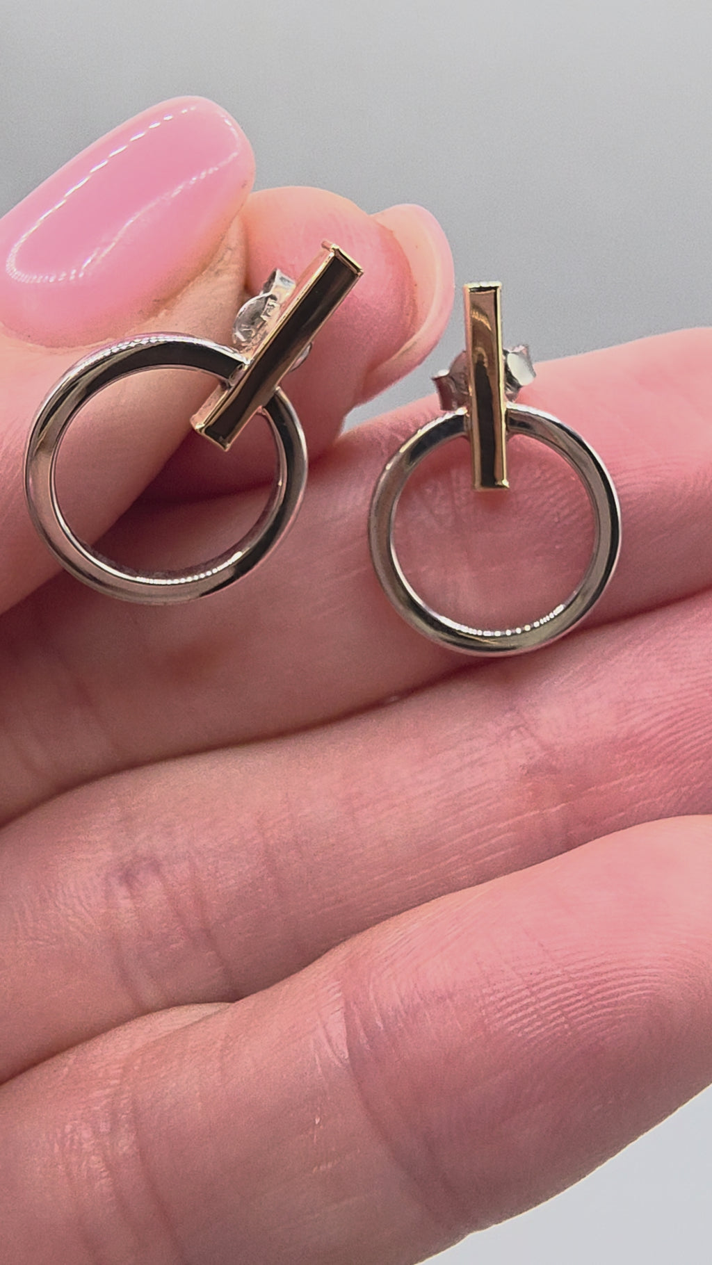 LLJ Lindsey Leigh 14K White Rose Gold Bar Circle Geometric Stud Earrings Italy