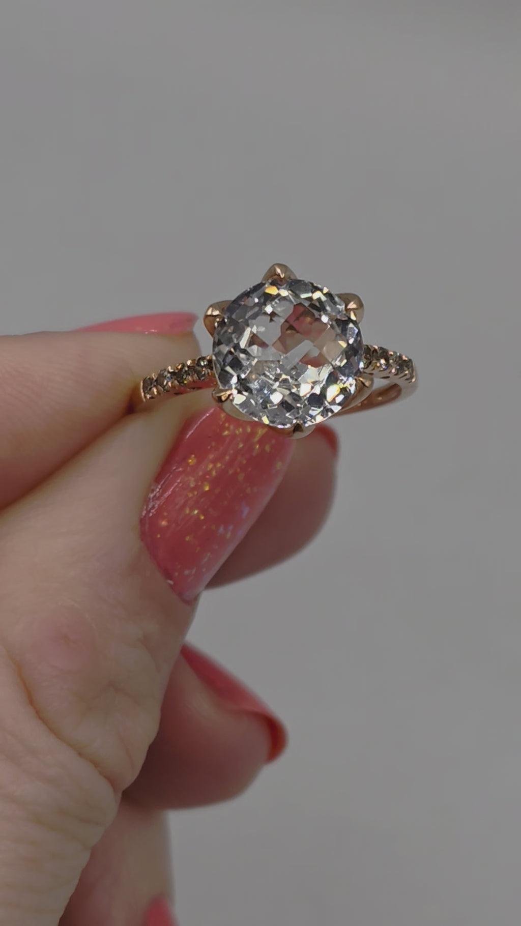 Solid 14K Rose Gold Ring with Lab-Created White Topaz & Diamond Accents - Size 8