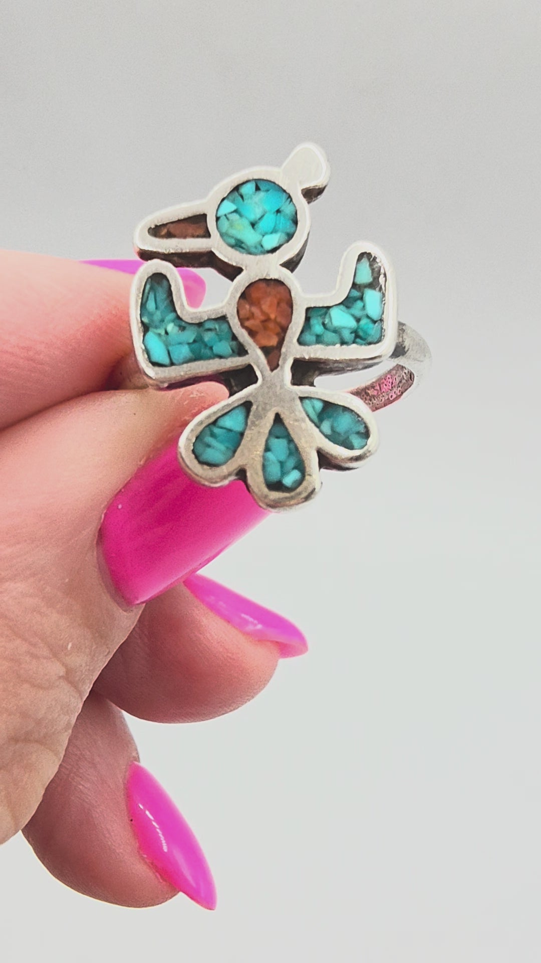 Southwestern Sterling Silver Turquoise & Coral Inlay Thunderbird Ring Size 7.75