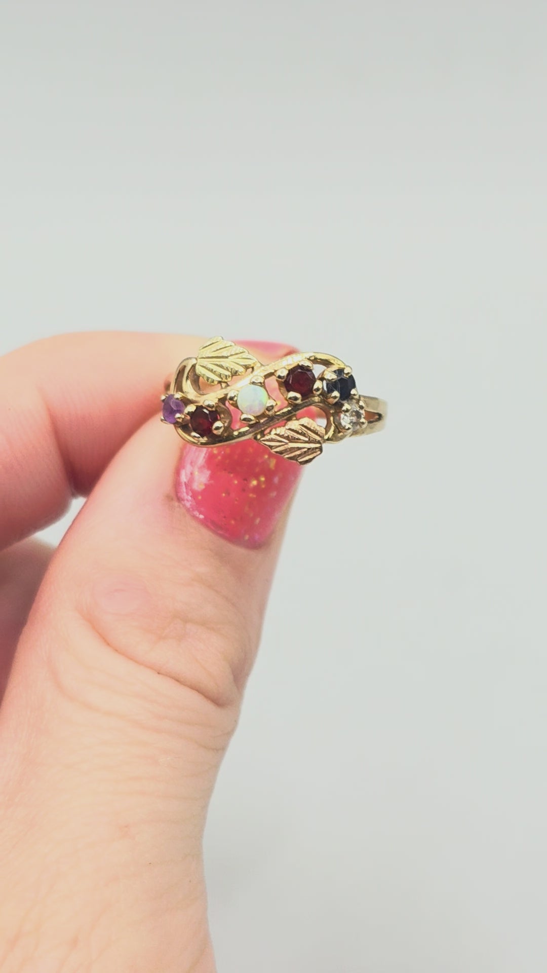 Solid 14K Yellow Gold Ring with Round Cut Opal, Garnet, Blue Topaz, Amethyst, and Diamond Size 8