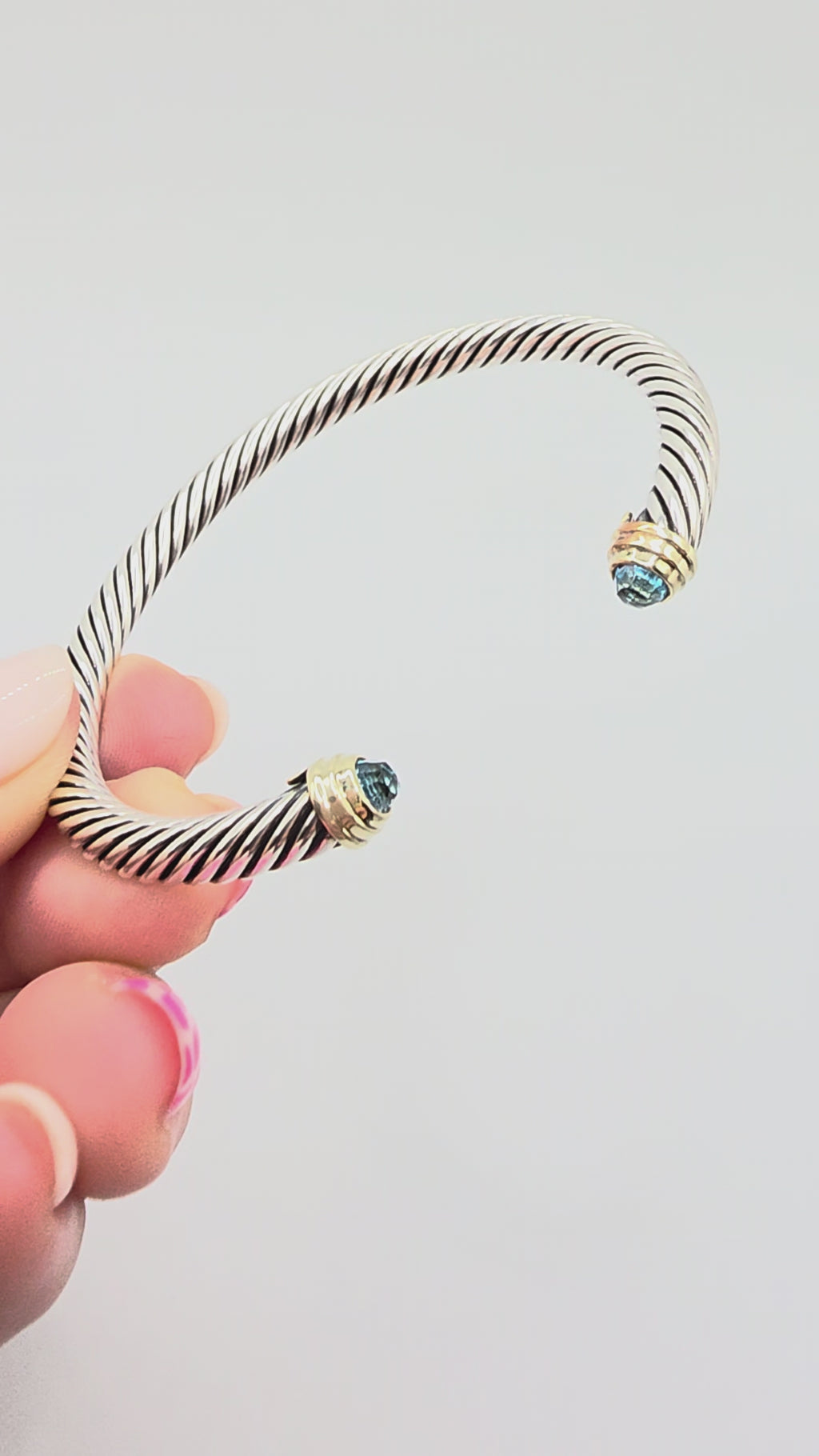 David Yurman Sterling Silver Solid 14K Gold Blue Topaz Cable Bracelet - Large