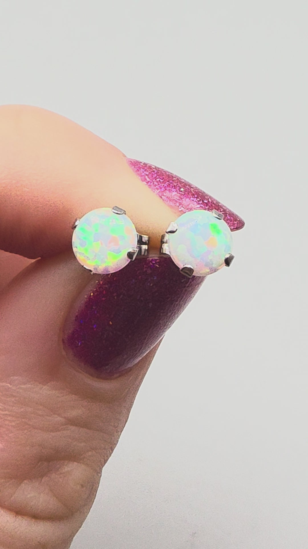 Solid 10K White Gold Opal Stud Earrings Round Cabochon October Birthstone