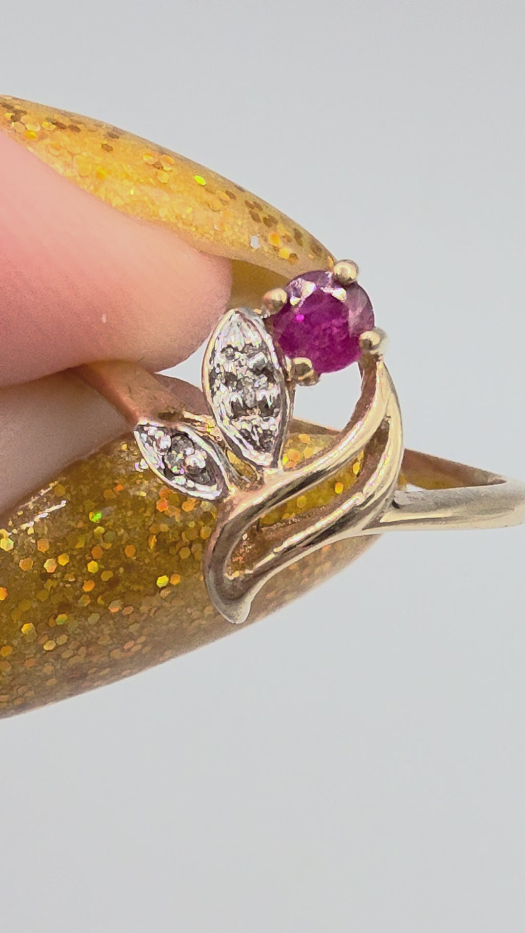 Solid 10K Yellow Gold Ruby Flower and Diamond Leaf Swirl Ring - Size 4