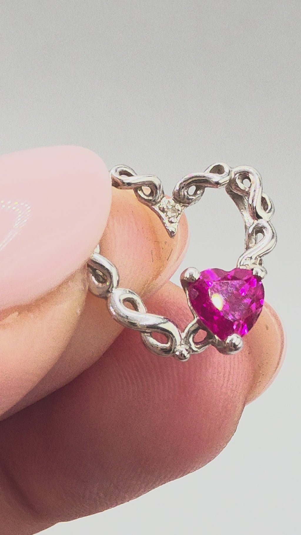 Solid 10K White Gold Ruby Infinity Heart Pendant with Diamond Accent