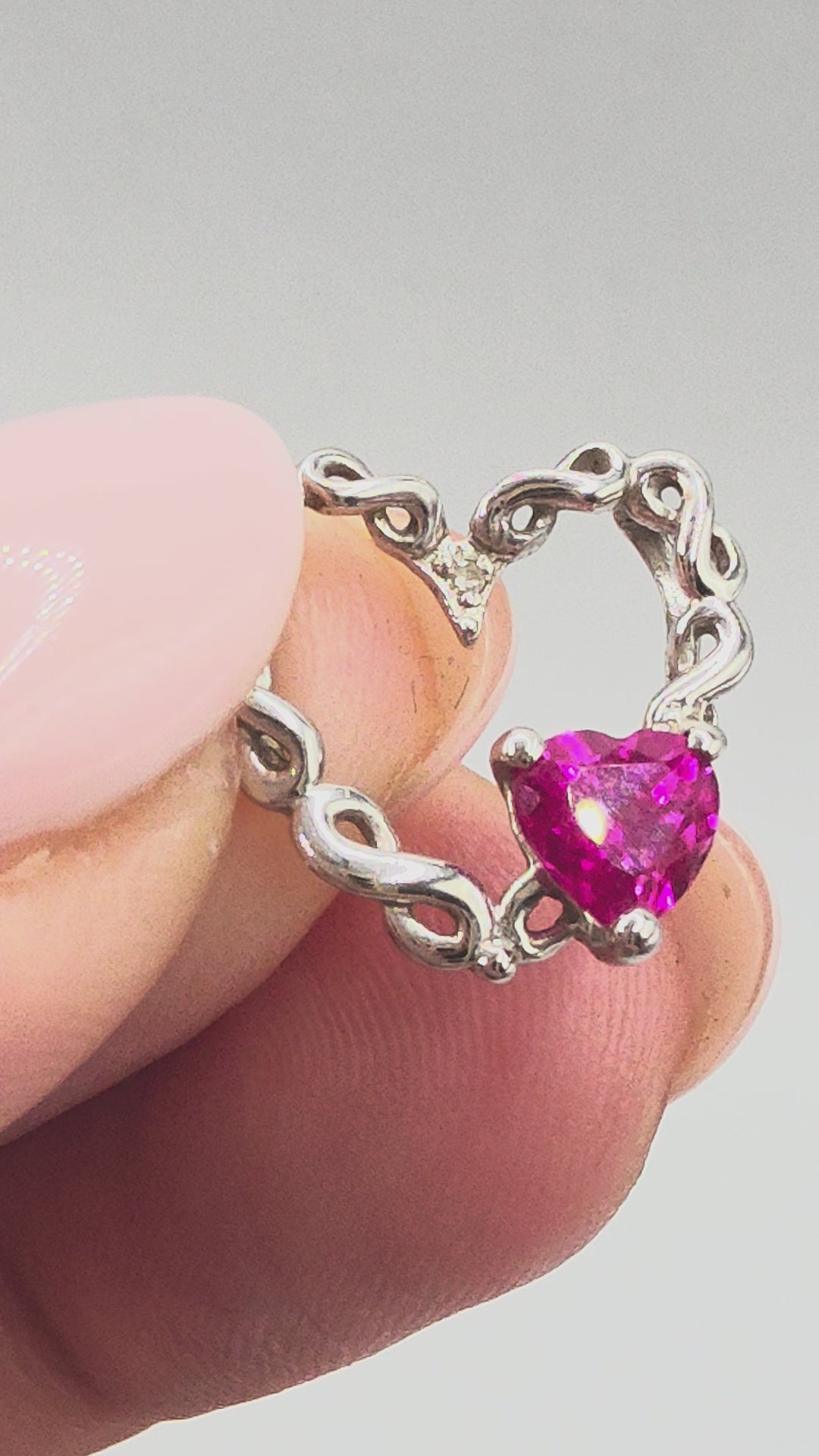 Solid 10K White Gold Ruby Infinity Heart Pendant with Diamond Accent