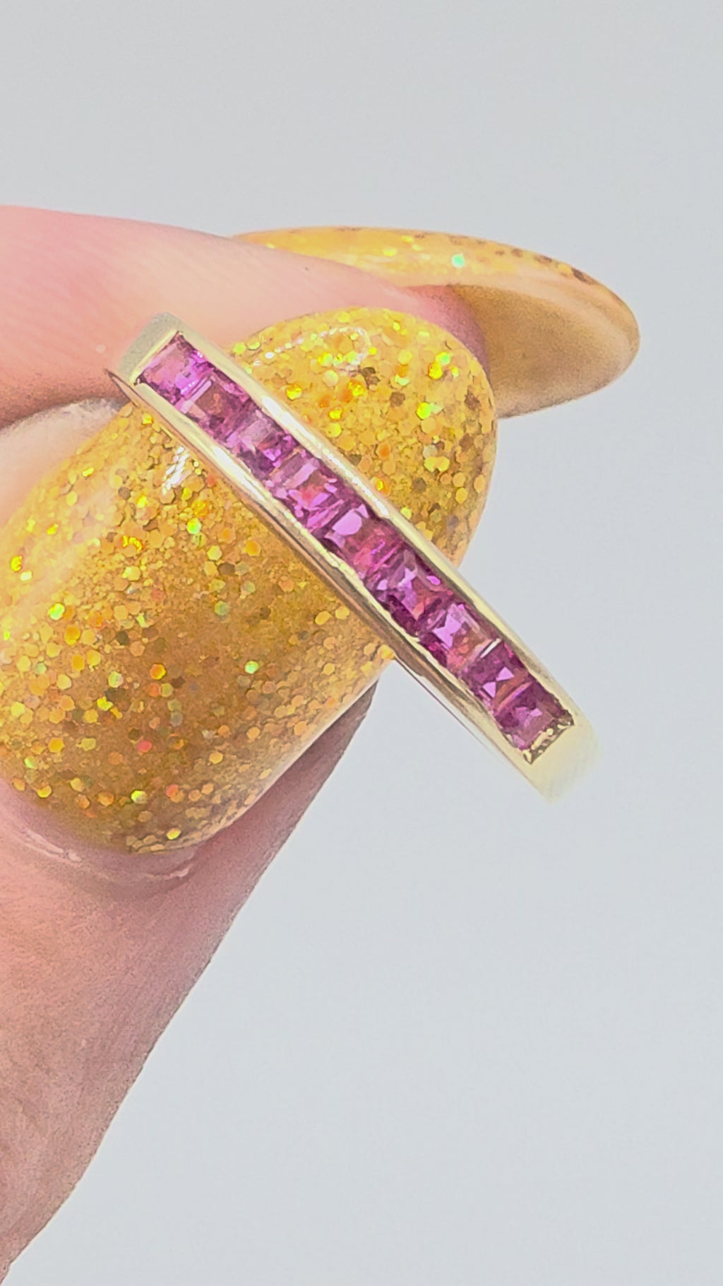 Solid 14K Yellow Gold Square Cut Pink Sapphire Channel Set Band Ring - Size 6