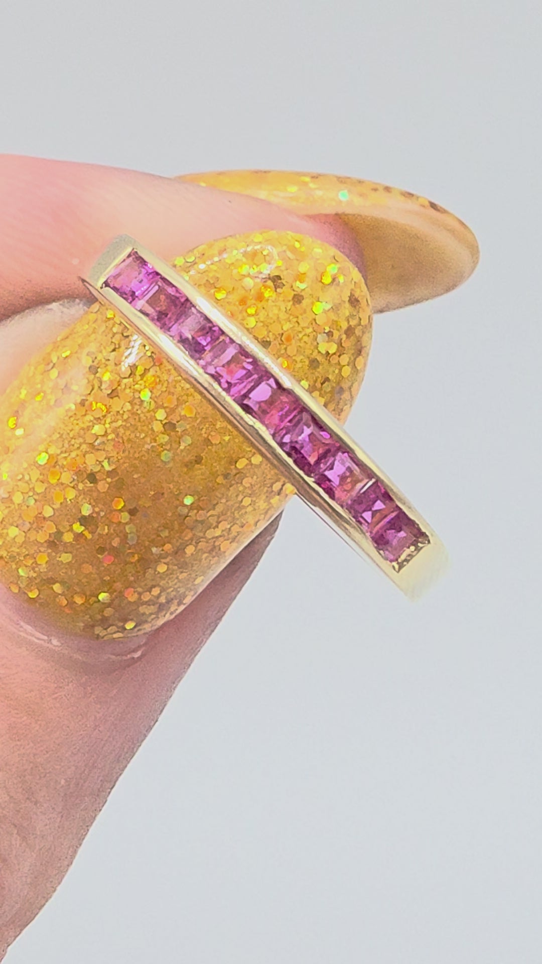 Solid 14K Yellow Gold Square Cut Pink Sapphire Channel Set Band Ring - Size 6